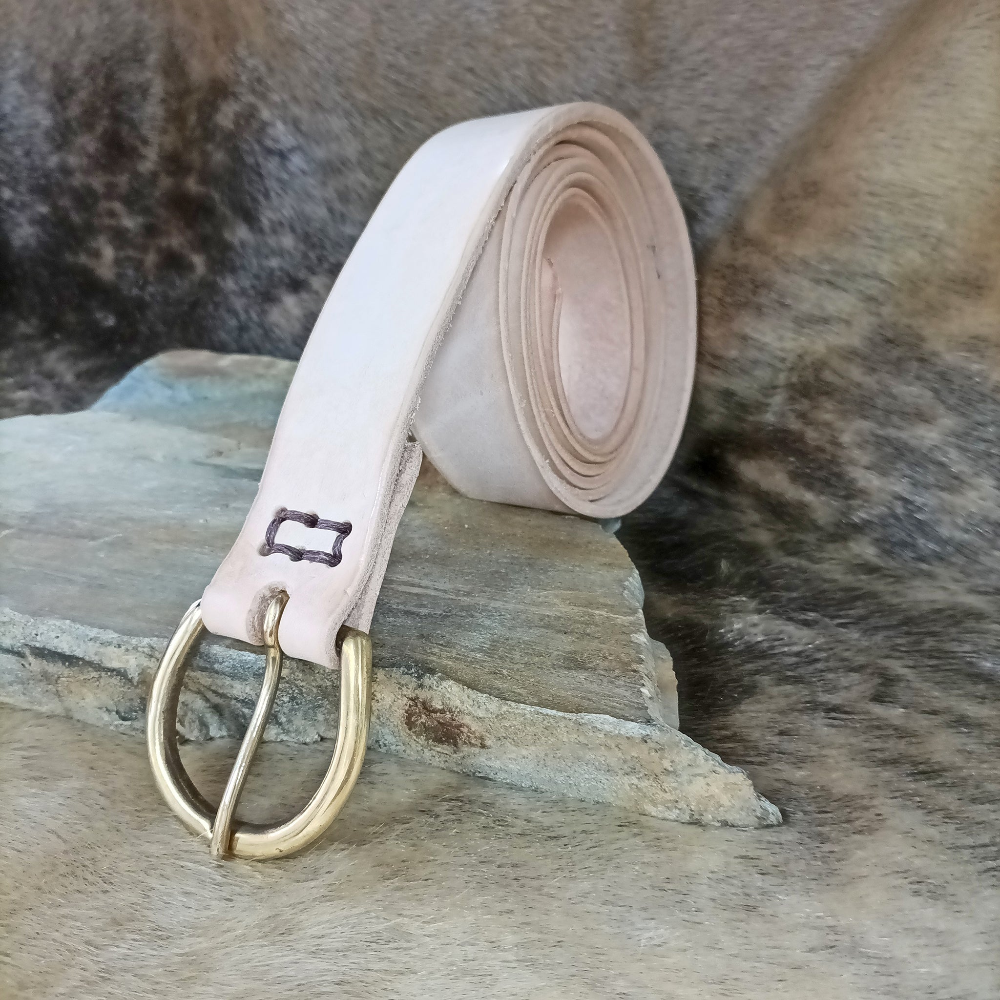 Long Leather Viking Belt with Brass Buckle - 38mm Width - Natural Veg Tan