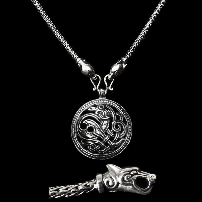 Slim Silver Snake Chain Viking Necklace with Ferocious Wolf Heads with Silver Jelling Dragon Pendant