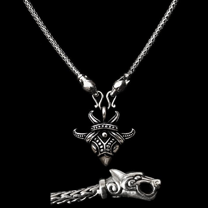 Slim Silver Snake Chain Viking Necklace with Ferocious Wolf Heads with Silver Raven Pendant