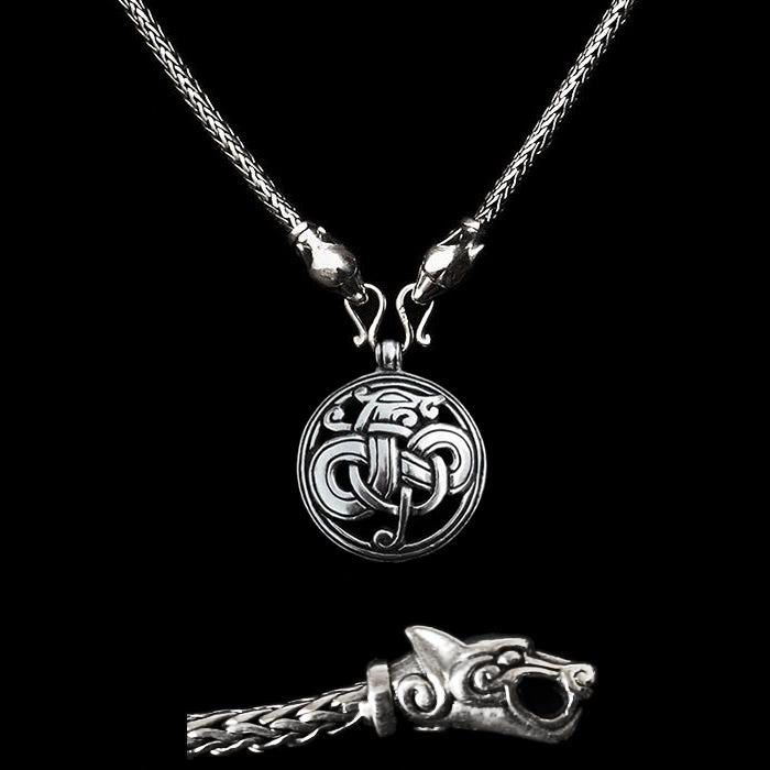 Slim Silver Snake Chain Viking Necklace with Ferocious Wolf Heads with Silver Urnes Dragon Pendant