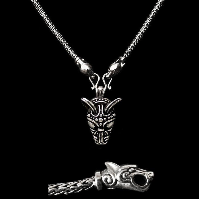 Slim Silver Snake Chain Viking Necklace with Ferocious Wolf Heads with Silver Wolf Pendant