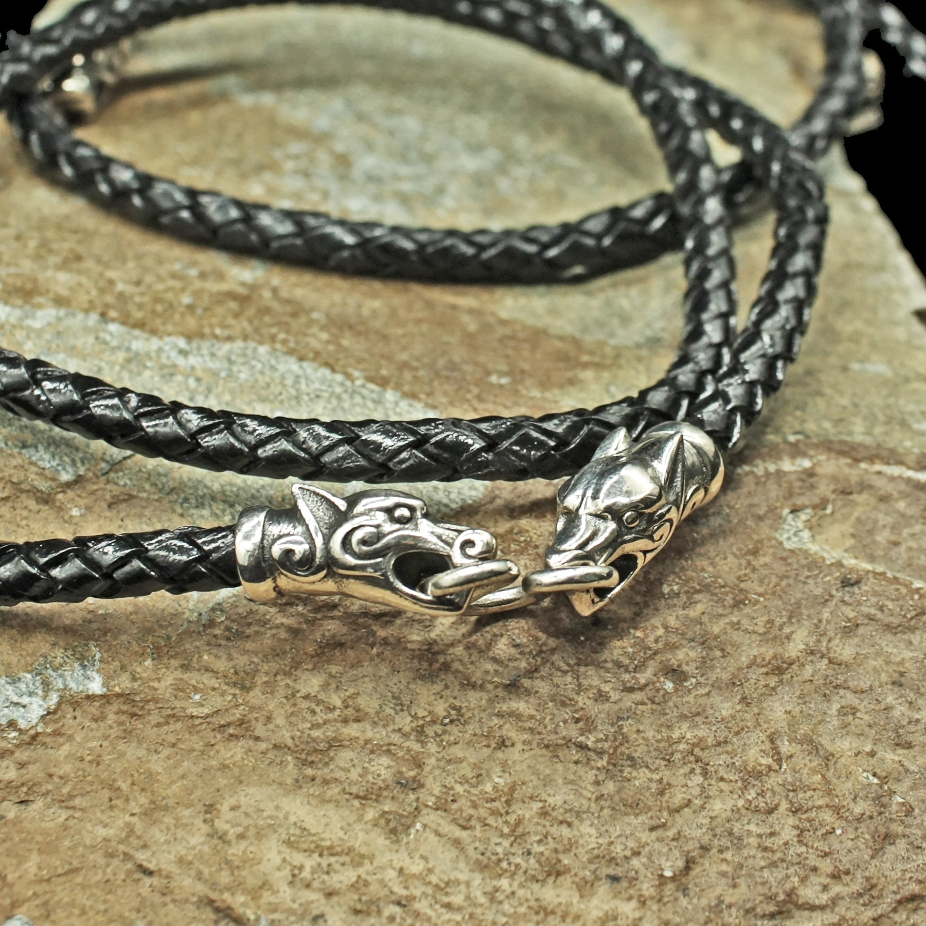 5mm braided leather necklace silver ferocious wolf heads