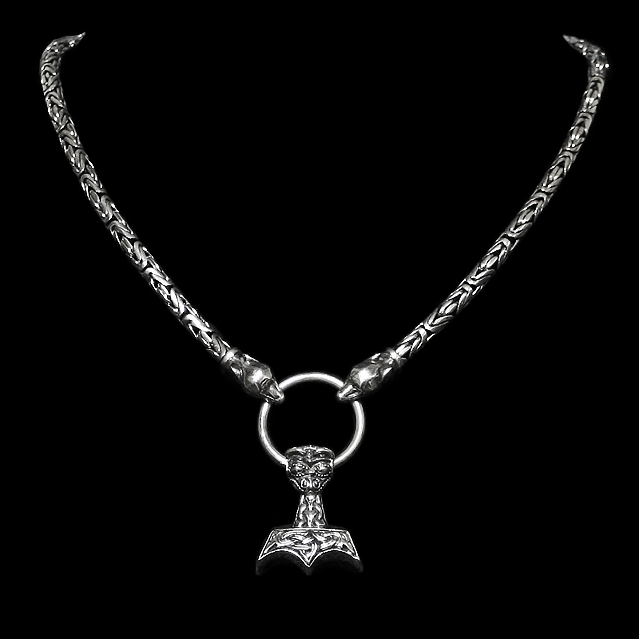 5mm Thick Silver King Chain Thors Hammer Necklace with Ferocious Wolf Heads - Ferocious Beast Thors Hammer