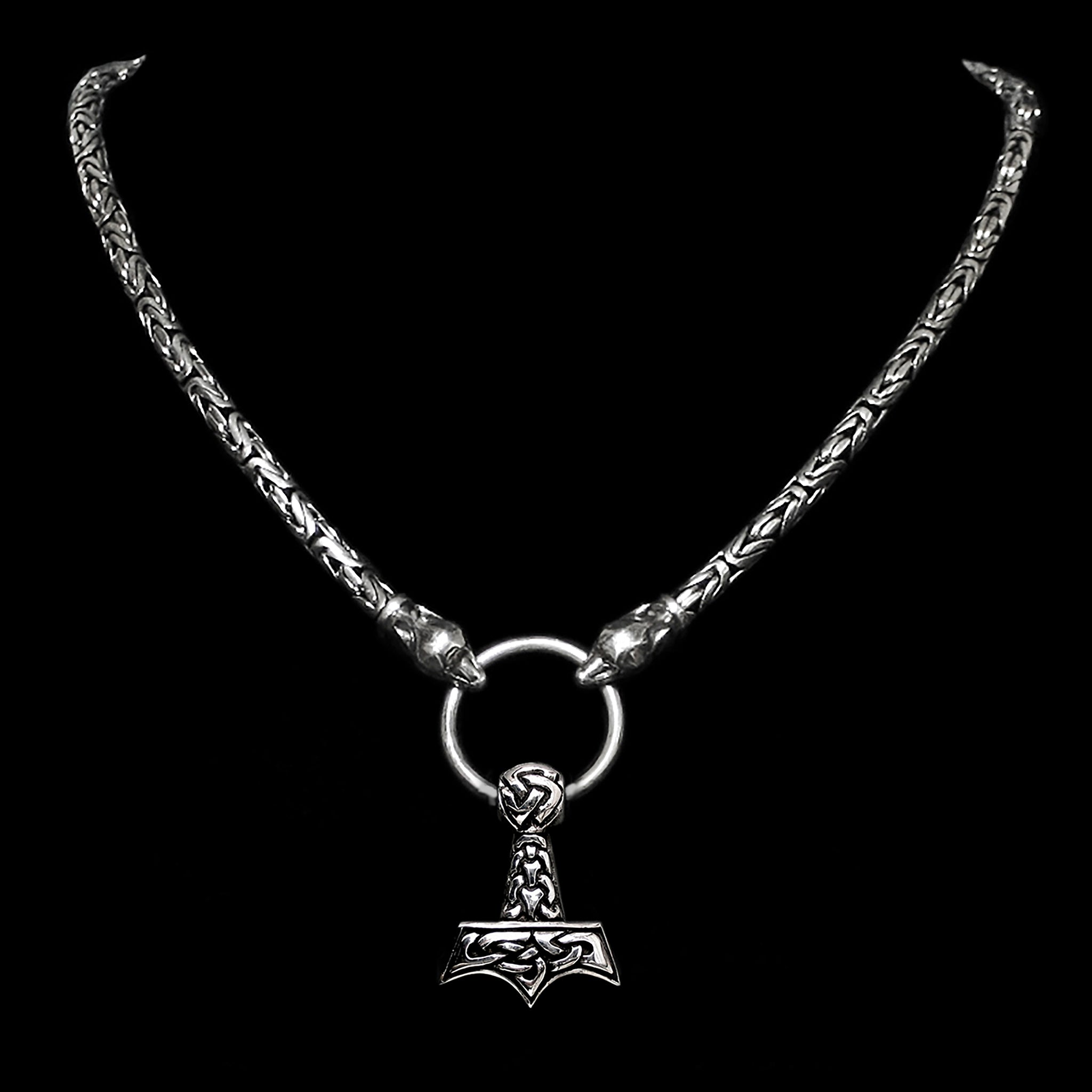 5mm Thick Silver King Chain Thors Hammer Necklace with Ferocious Wolf Heads - Knotworkj Thors Hammer