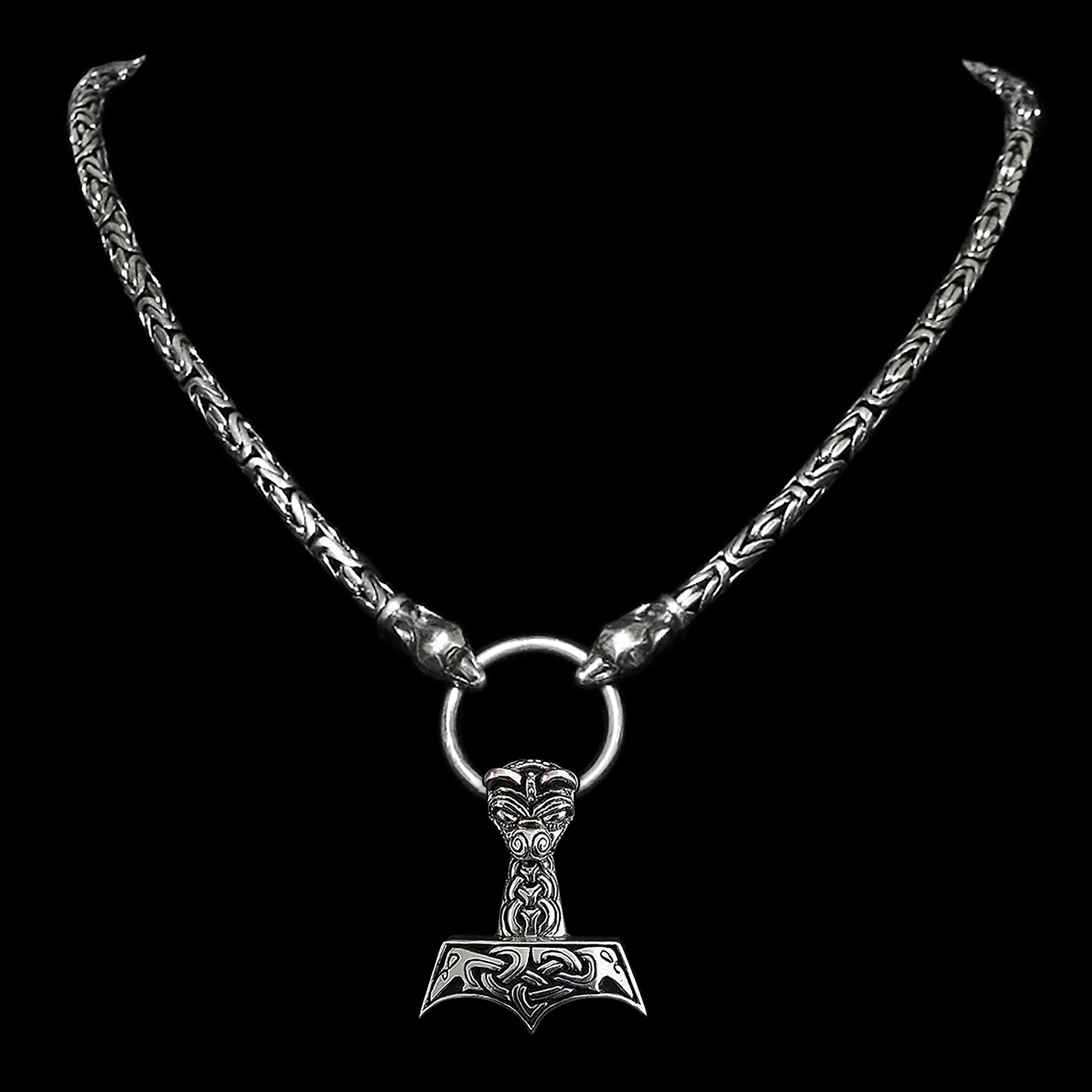5mm Thick Silver King Chain Thors Hammer Necklace with Ferocious Wolf Heads - Large & Ferocious Thors Hammer