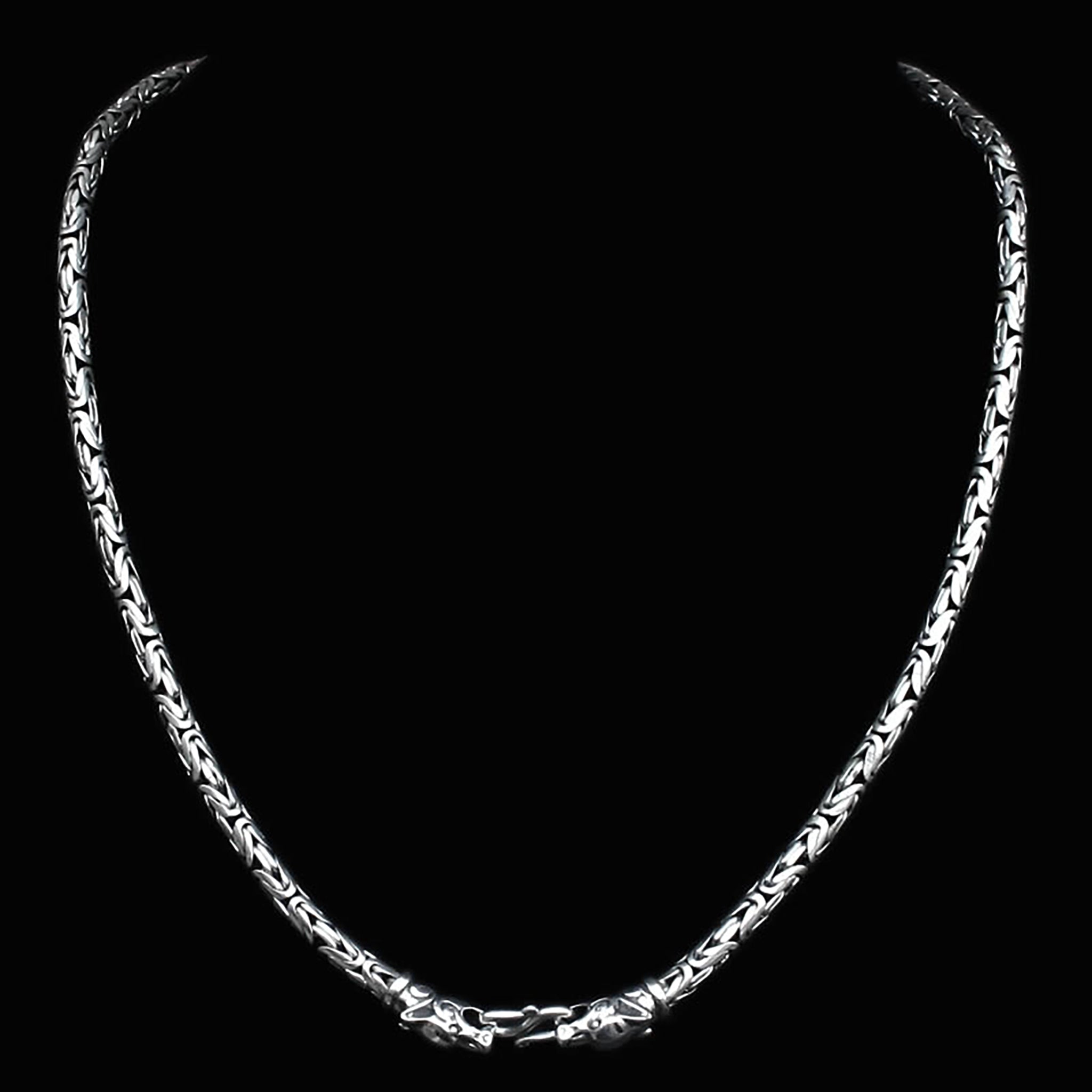 5mm Thick Silver King Chain Thors Hammer Necklace with Ferocious Wolf Heads