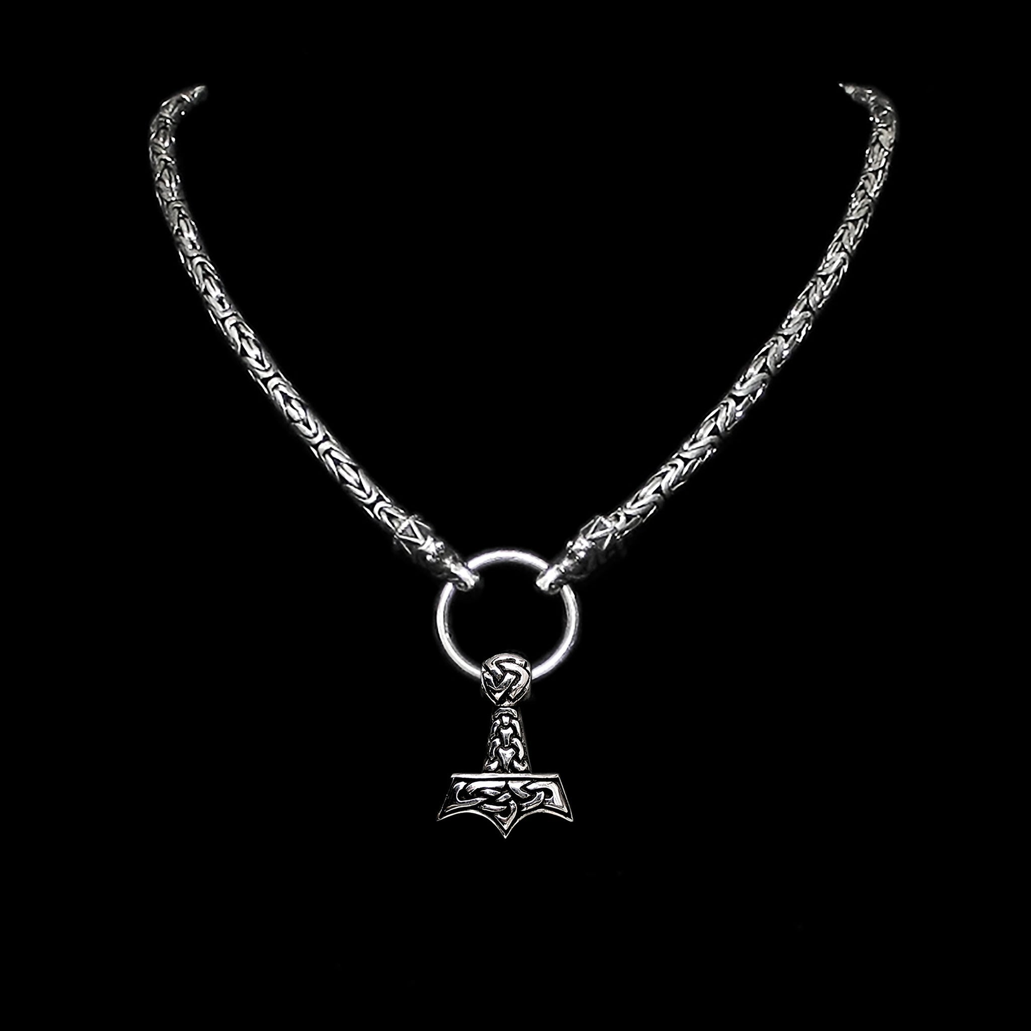 5mm Thick Silver King Chain Thors Hammer Necklace - Gotland Dragon Heads - Knotwork Thors Hammer