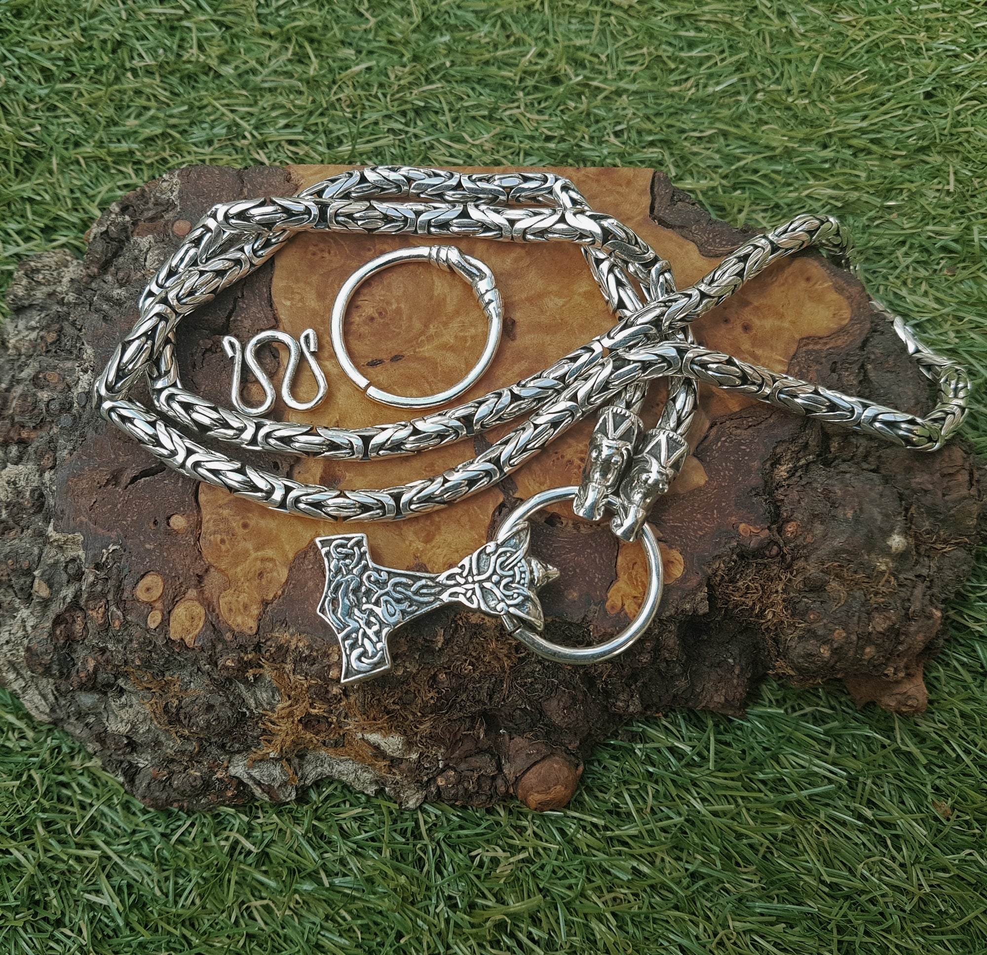5mm Thick Silver King Chain Thors Hammer Necklace - Gotland Dragon Heads - Wolf Hammer - Choice of Clasps