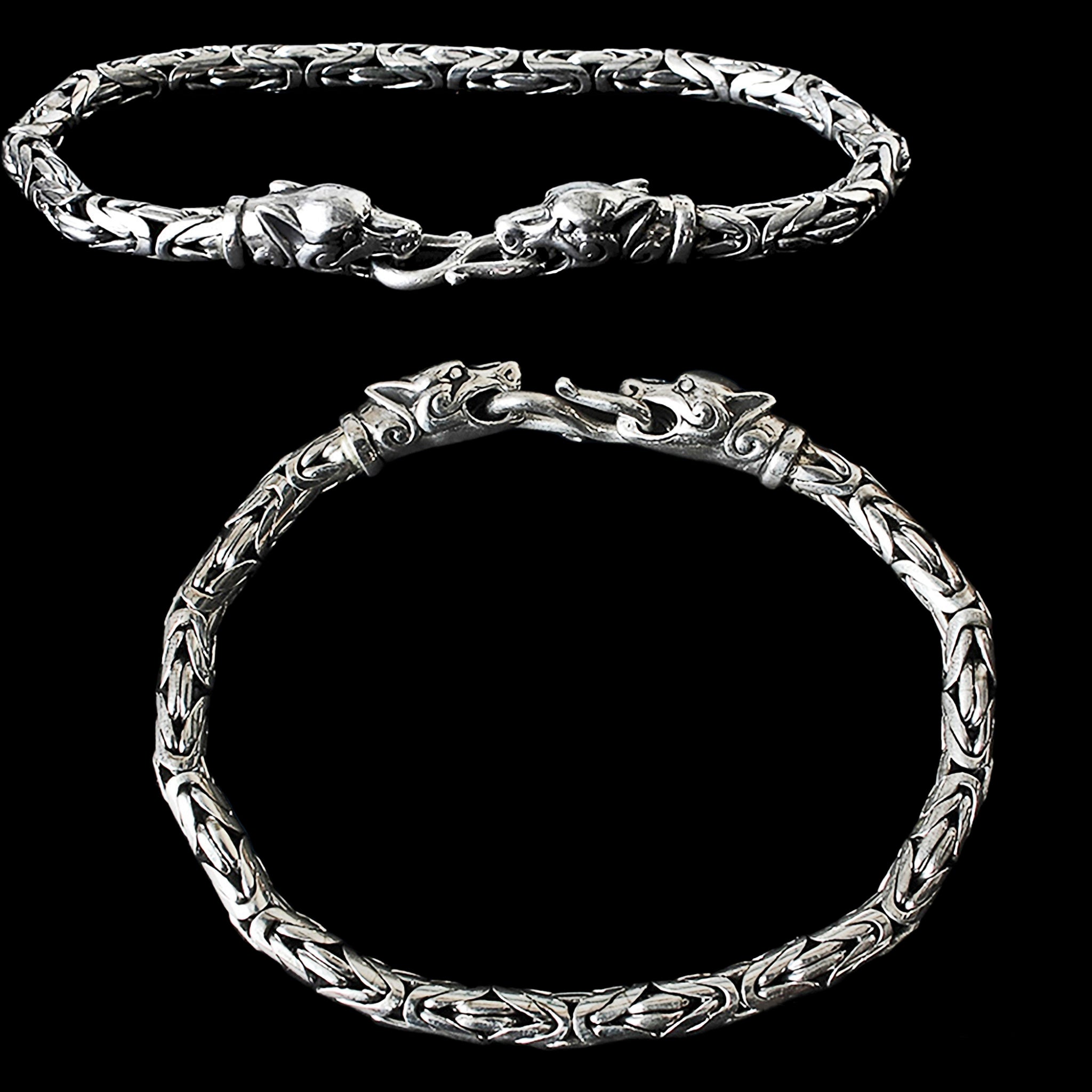 5mm Silver Viking King Chain Bracelet With Ferocious Wolf Heads - Viking Bracelets