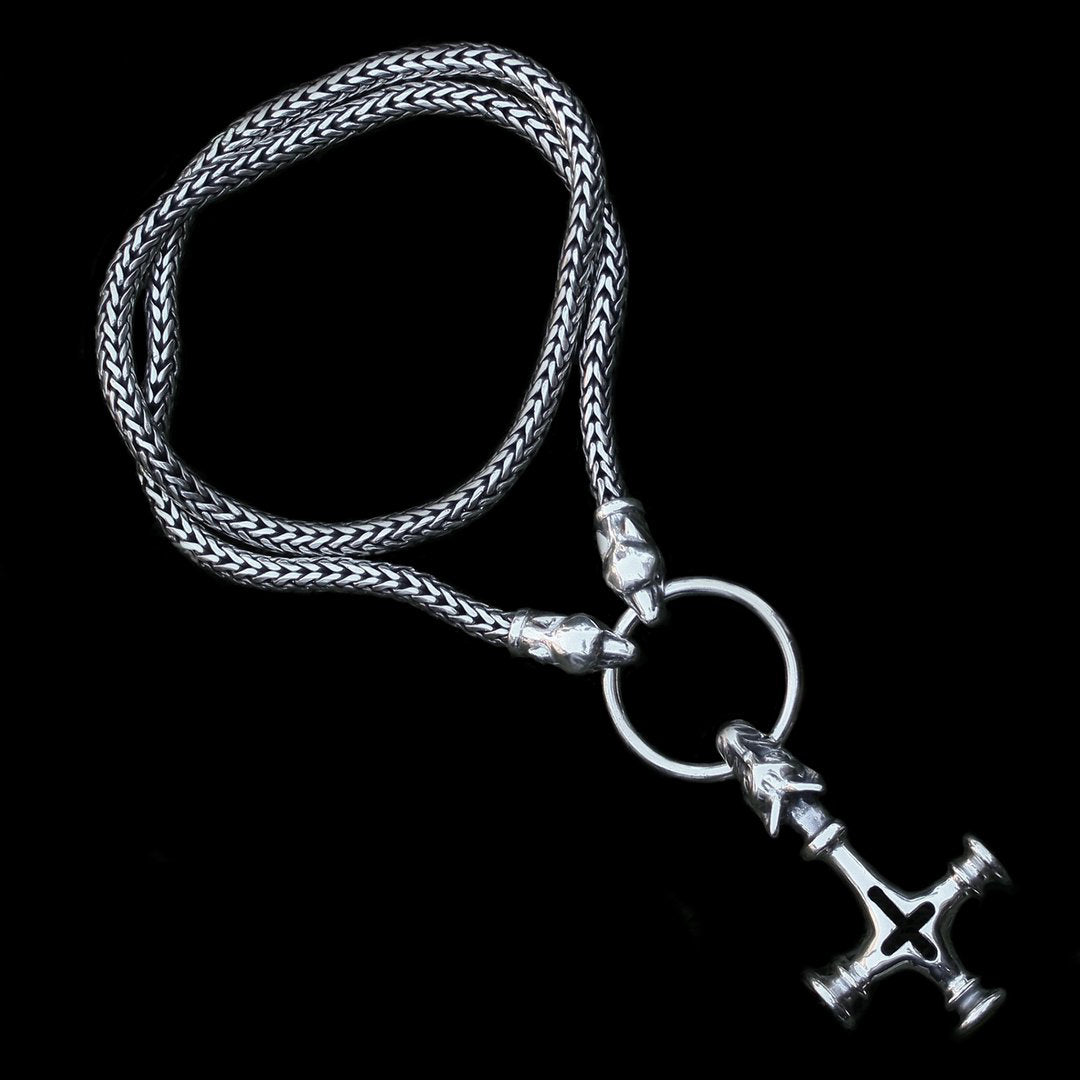Silver Thor's Hammer Necklace with Ferocious Wolf Heads and Large Icelandic Wolf Hammer - Viking Jewelry