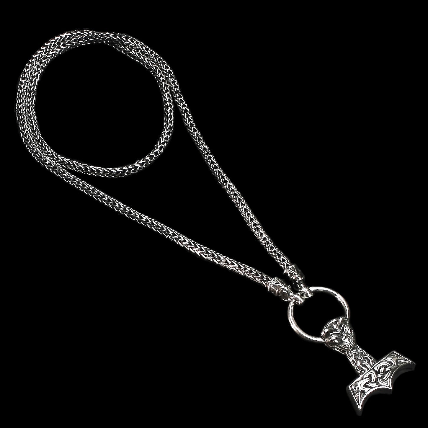 Silver Thor's Hammer Necklace with Gotlandic Dragon Heads - Large & Ferocious Silver Thor's Hammer