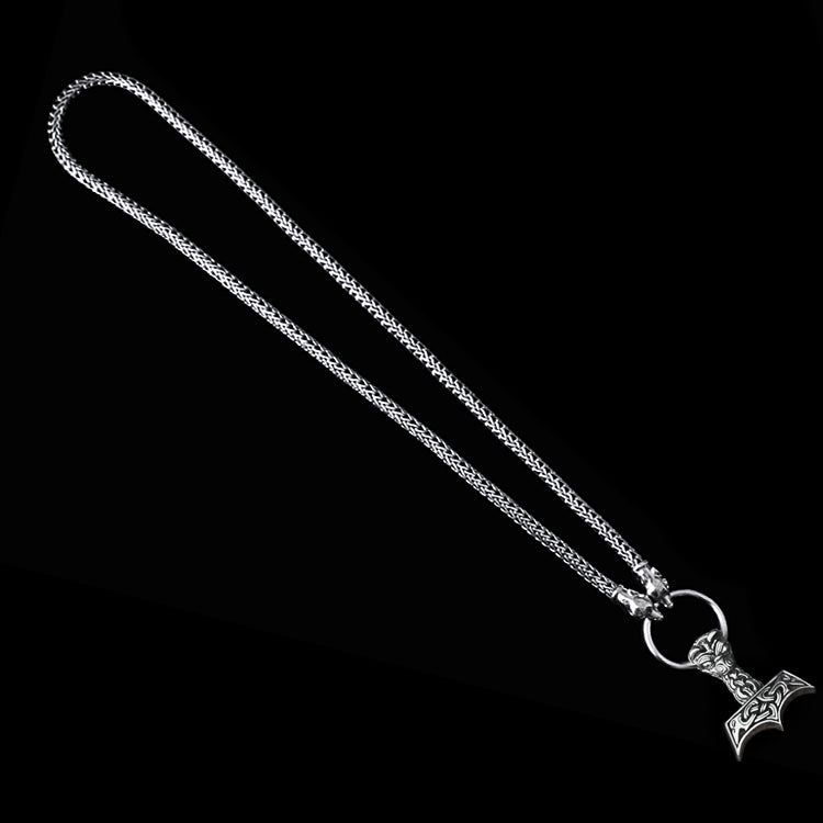 Silver Thor's Hammer Necklace with Ferocious Wolf Heads with Split Ring & Large Ferocious Thor's Hammer - Viking Jewelry