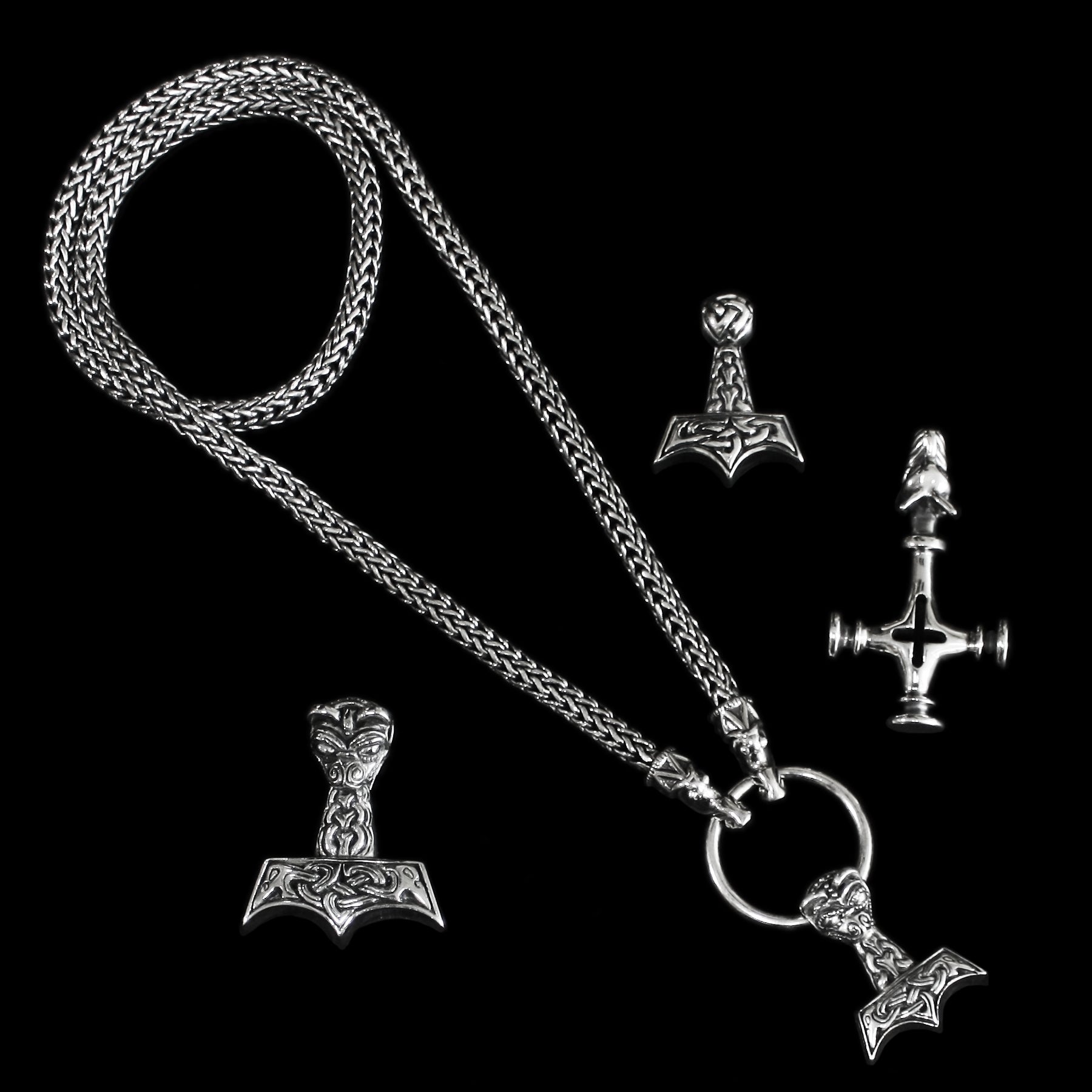 6mm Thick Silver Snake Chain Thor's Hammer Necklace with Gotland Dragon Heads & Thor's Hammer Selection - Viking Jewelry