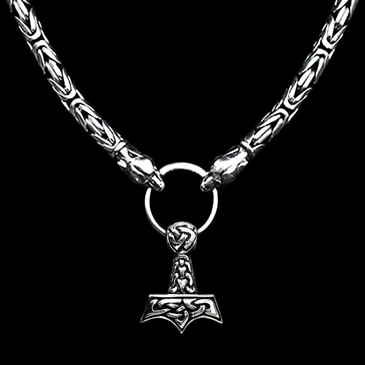 8mm Thick Silver Thor's Hammer Necklace with Ferocious Wolf Heads - Split Ring - AD2 Knotwork Thors Hammer