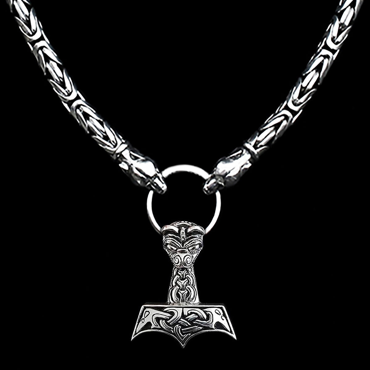 8mm Thick Silver Thor's Hammer Necklace with Ferocious Wolf Heads - Split Ring - AD2 Large Ferocious Thors Hammer