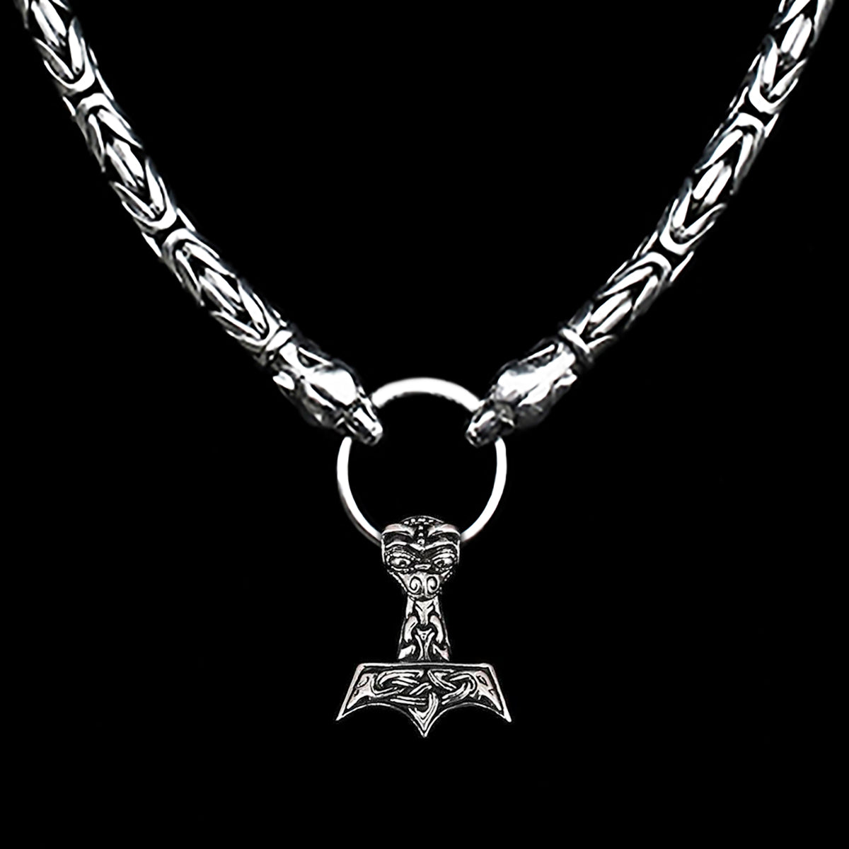 8mm Thick Silver Thor's Hammer Necklace with Ferocious Wolf Heads - Split Ring - AD2 Ferocious Thors Hammer