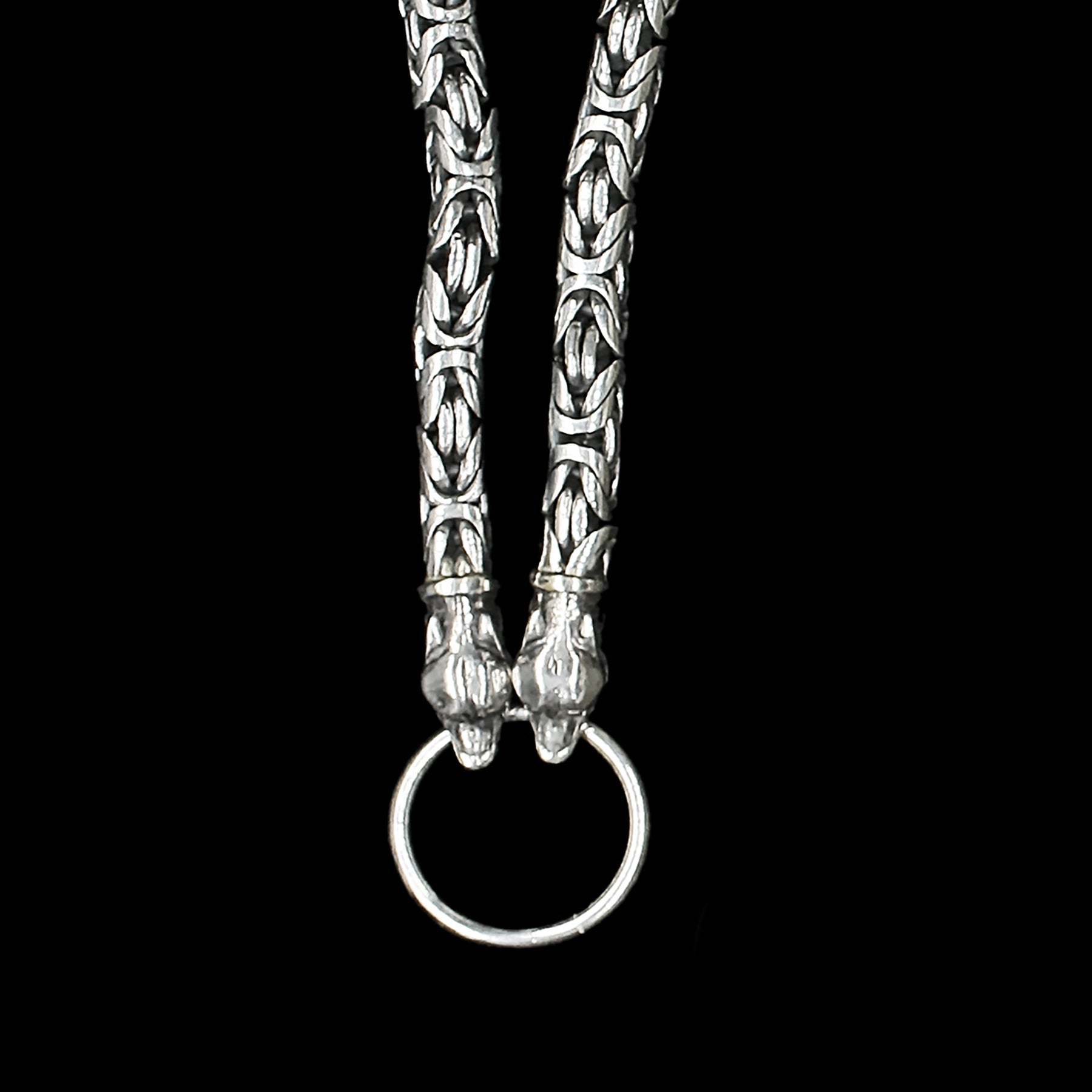 8Mm Thick Silver King Chain Thors Hammer Necklace - Ferocious Wolf Heads No Pendant Viking Necklaces