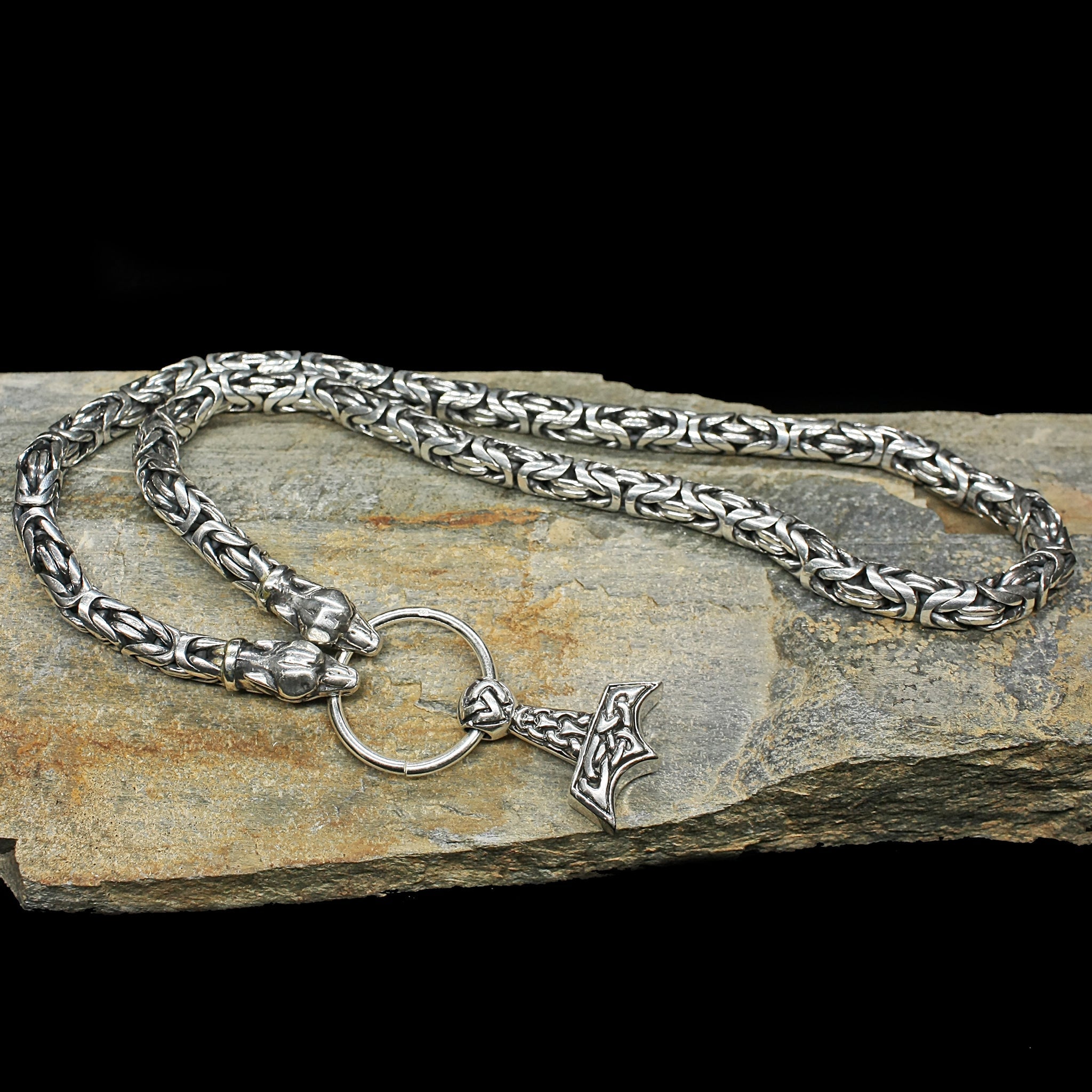 8mm Thick Silver King Chain Thors Hammer Necklace - Ferocious Wolf Heads - Split Ring - Knotwork Thors Hammer