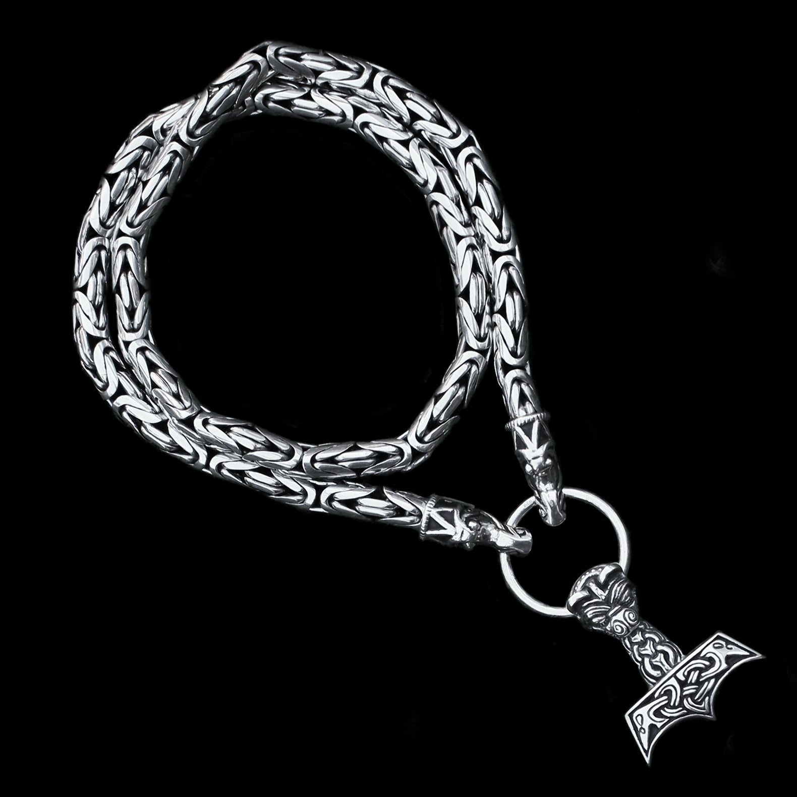 8mm Thick Silver King Chain Thors Hammer Necklace - Gotland Dragon Heads - Large Ferocious Thors Hammer