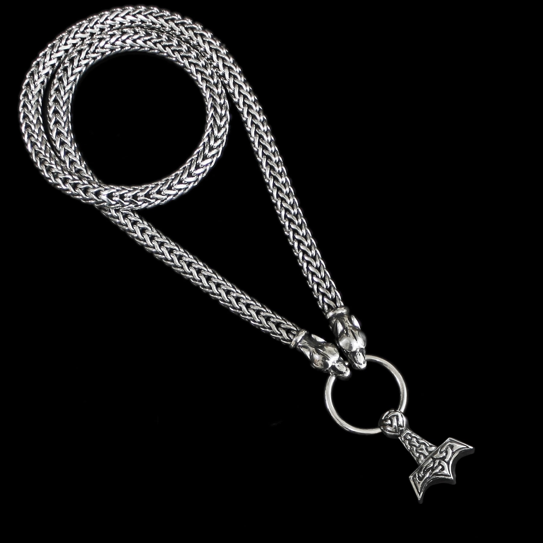 8mm Thick Silver Snake Chain Thor's Hammer Necklace with Ferocious Wolf Heads with Knotwork Thor's Hammer Pendant - Viking Jewelry