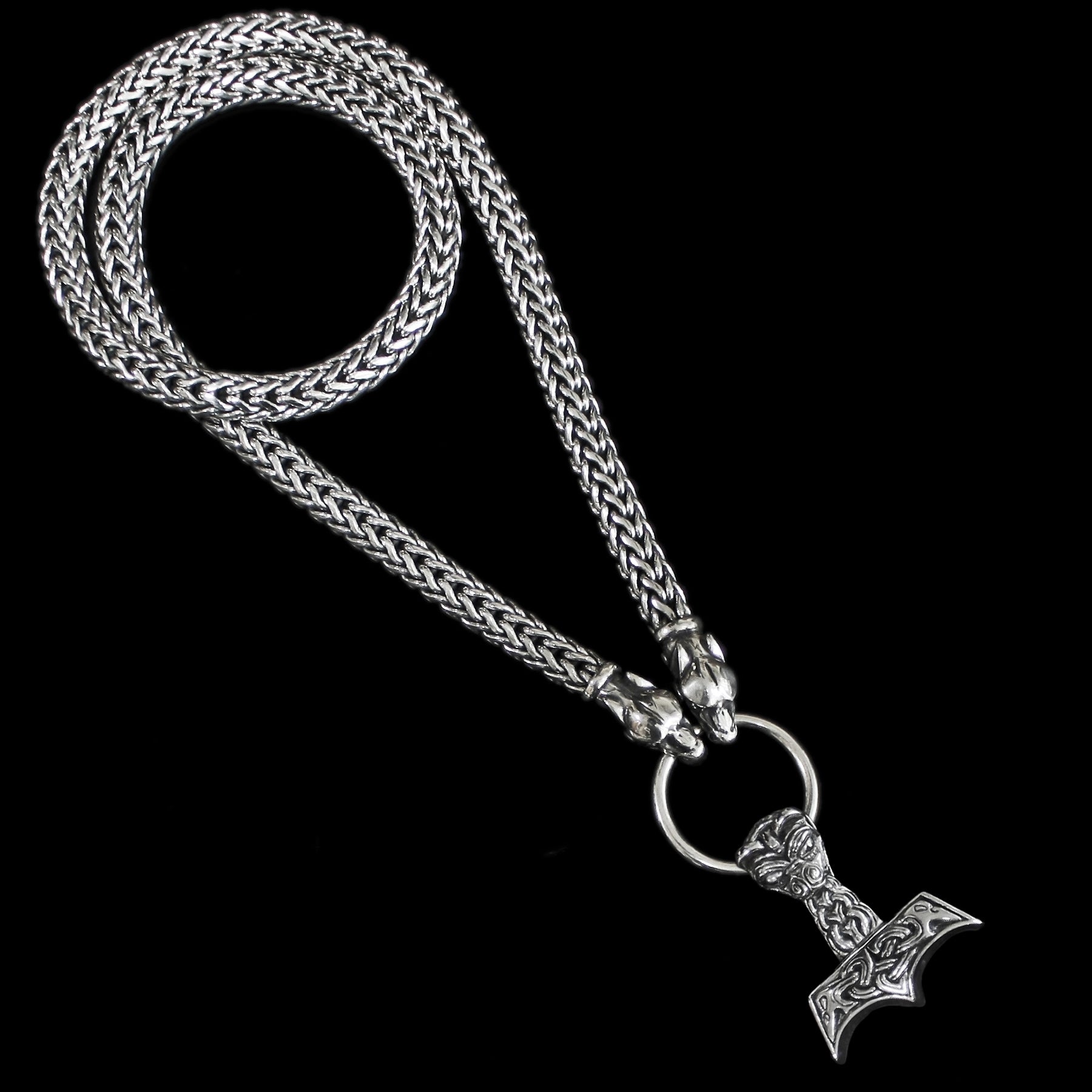8mm Thick Silver Snake Chain Thor's Hammer Necklace, Ferocious Wolf Heads with Large Ferocious Thor's Hammer Pendant - Viking Jewelry