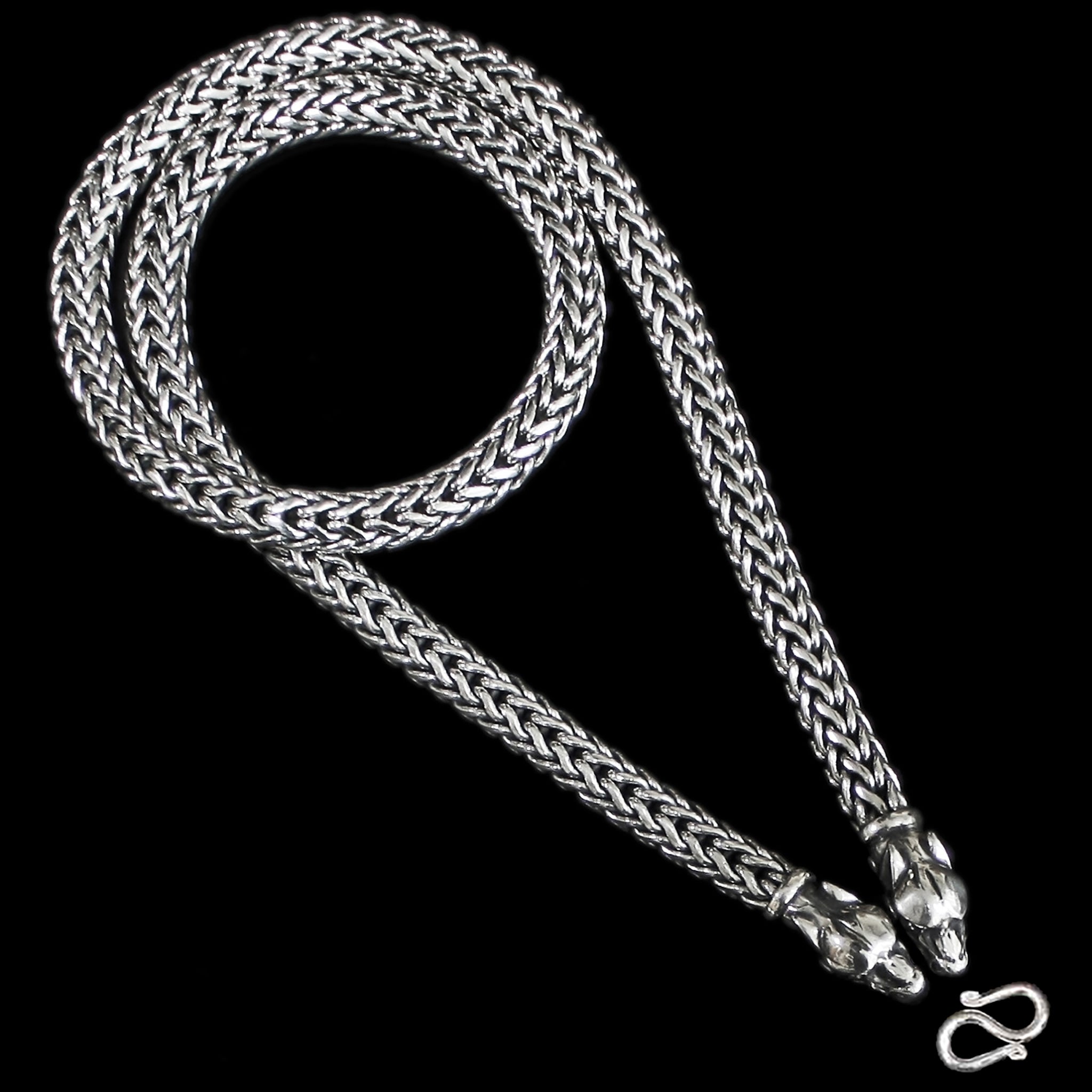 8mm Thick Silver Snake Chain Thors Hammer Necklace - Ferocious Wolf Heads - S-Clasp