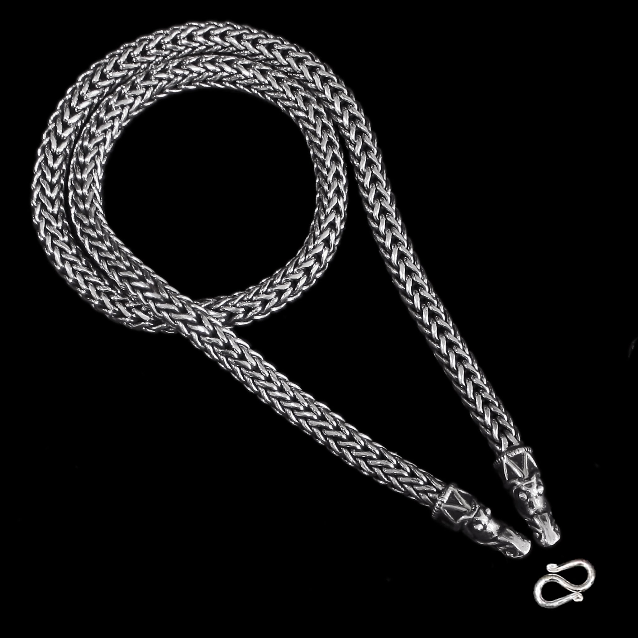 8mm Thick Silver Snake Chain Thors Hammer Necklace - Gotland Dragon Heads - S-Clasp