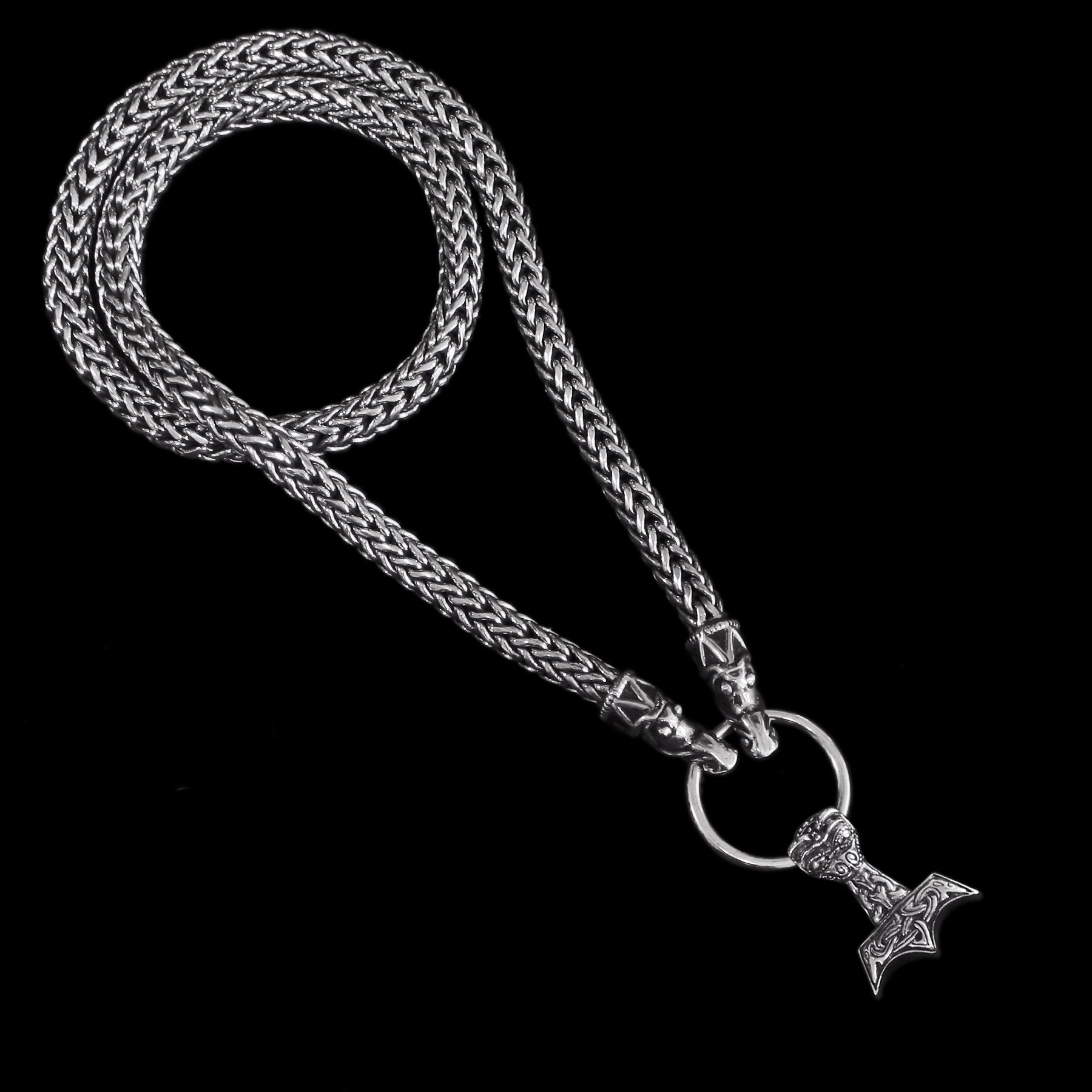 8mm Thick Silver Snake Chain Thors Hammer Necklace - Gotland Dragon Heads - Splt Ring - Ferocious Beast Thors Hammer