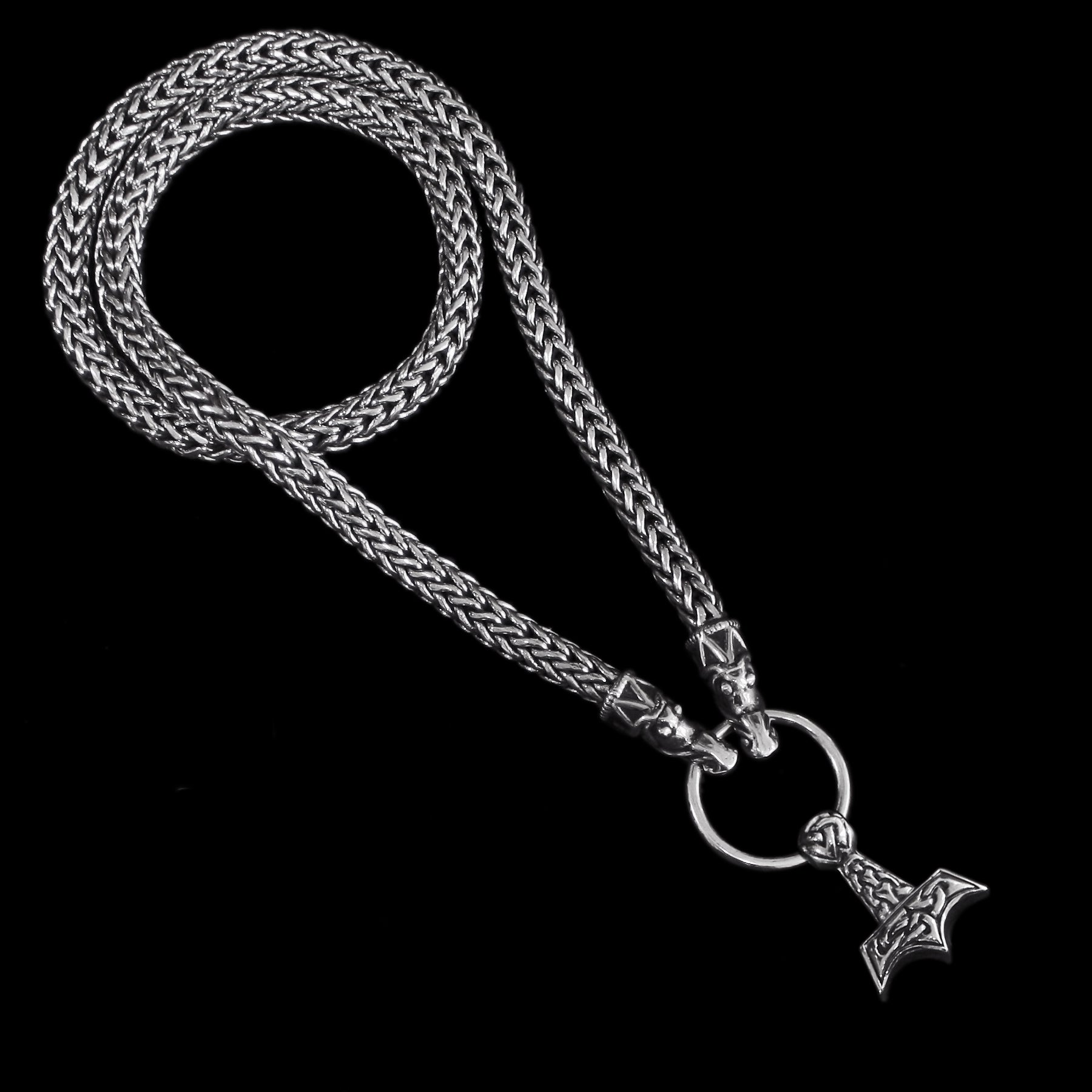8mm Thick Silver Snake Chain Thors Hammer Necklace - Gotland Dragon Heads - Splt Ring - Knotwork Thors Hammer