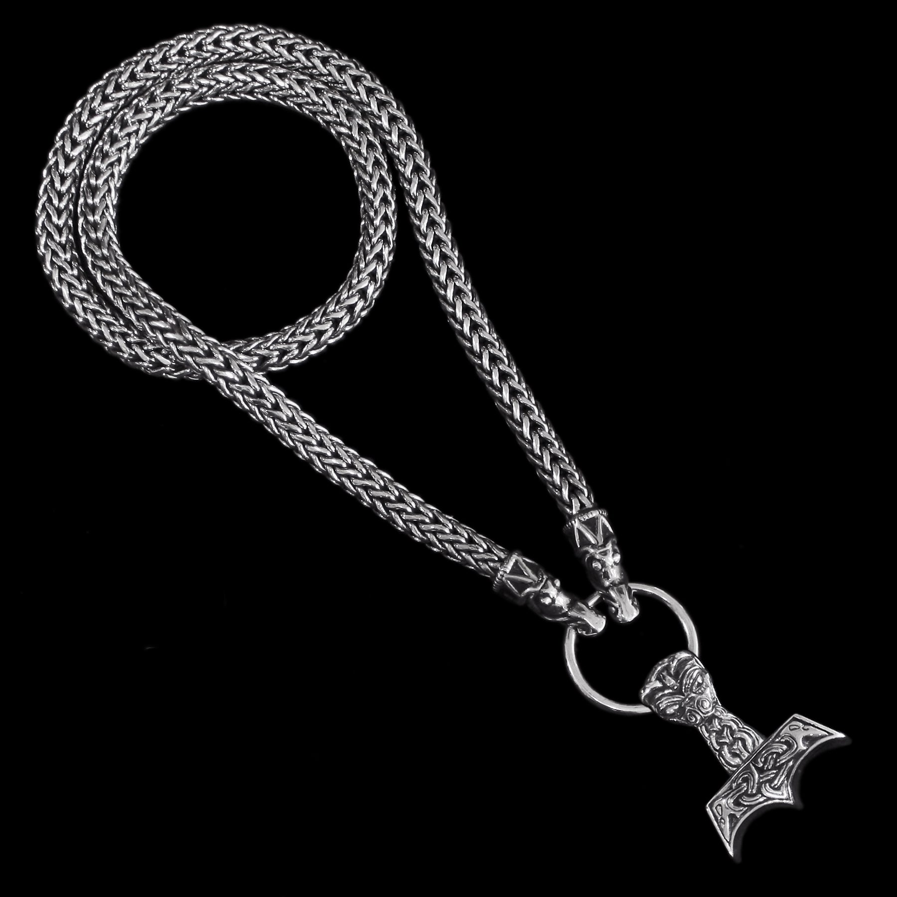 8mm Thick Silver Snake Chain Thors Hammer Necklace - Gotland Dragon Heads - Splt Ring - Large Ferocious Thors Hammer