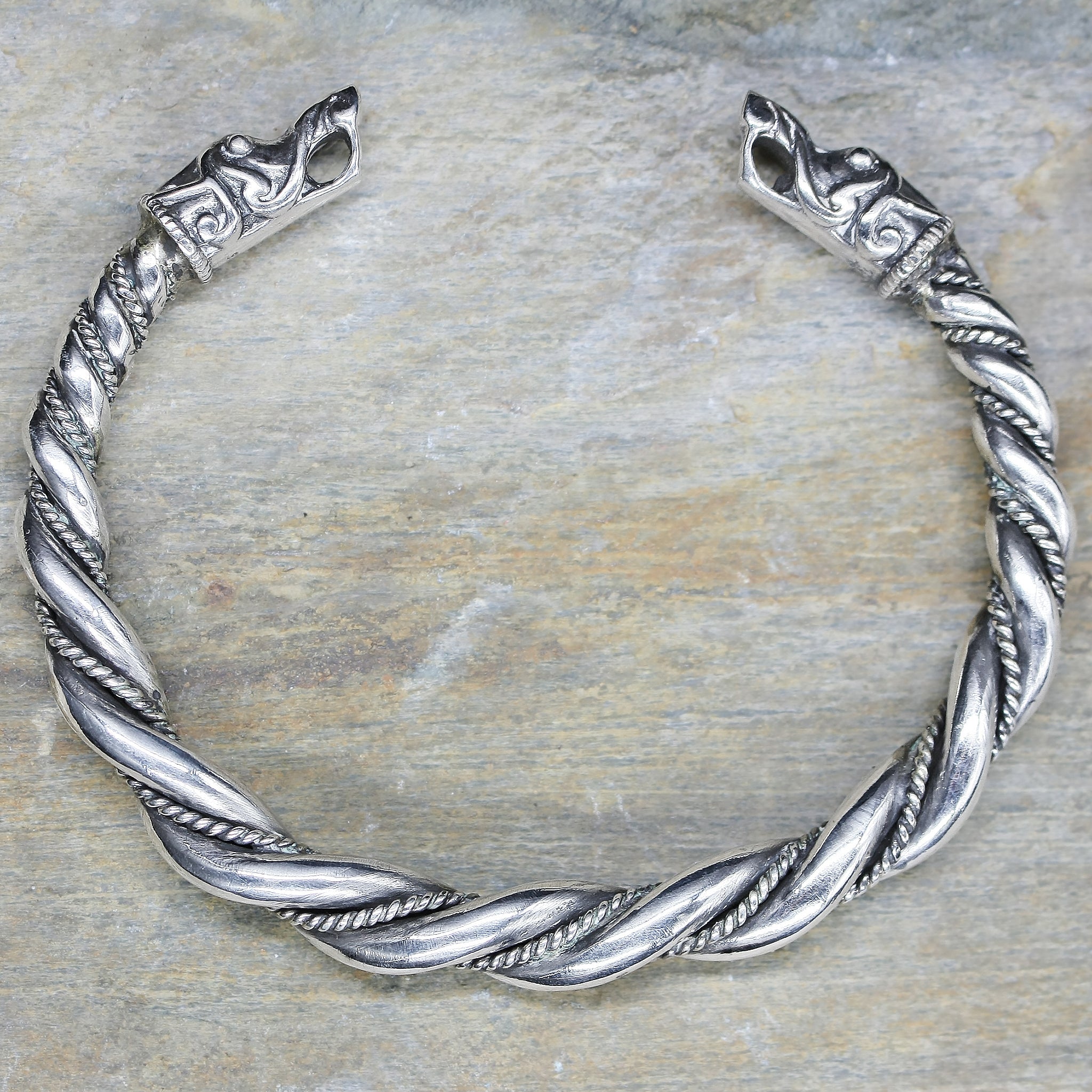 Twisted Silver Arm Ring / Bracelet With Gotlandic Dragon Heads Viking Bracelets