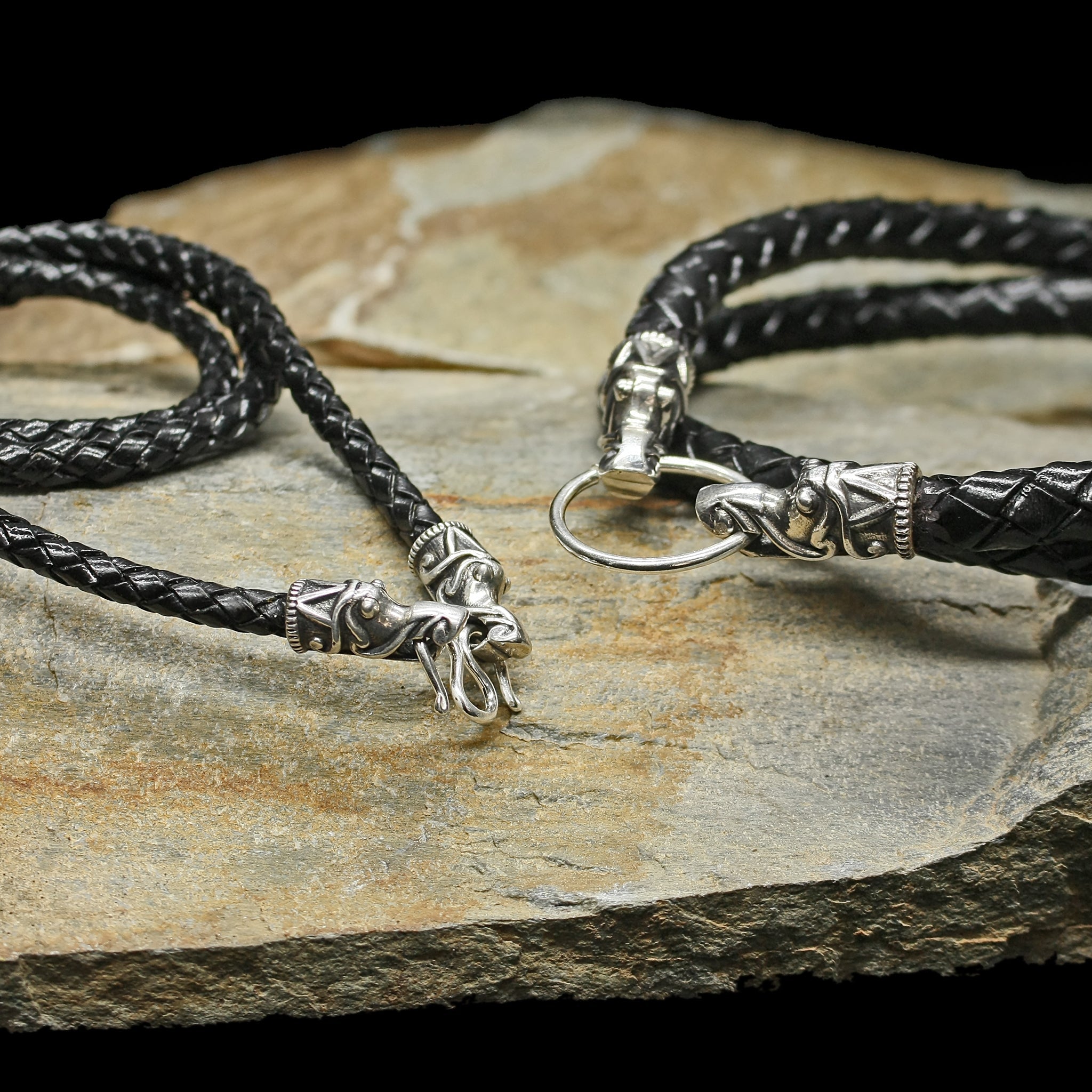 Braided Leather Necklace with Silver Gotlandic Dragon Heads on Rock