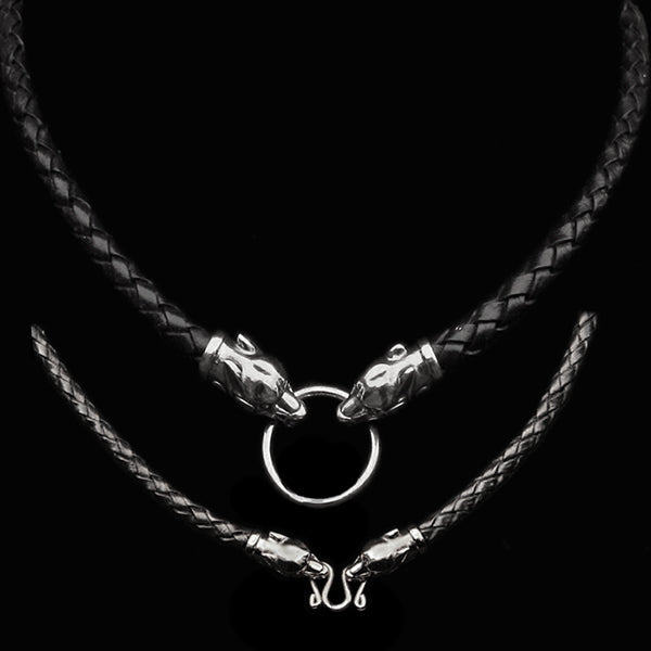 Braided Leather Necklace with Silver Ferocious Wolf Heads - Viking Jewelry