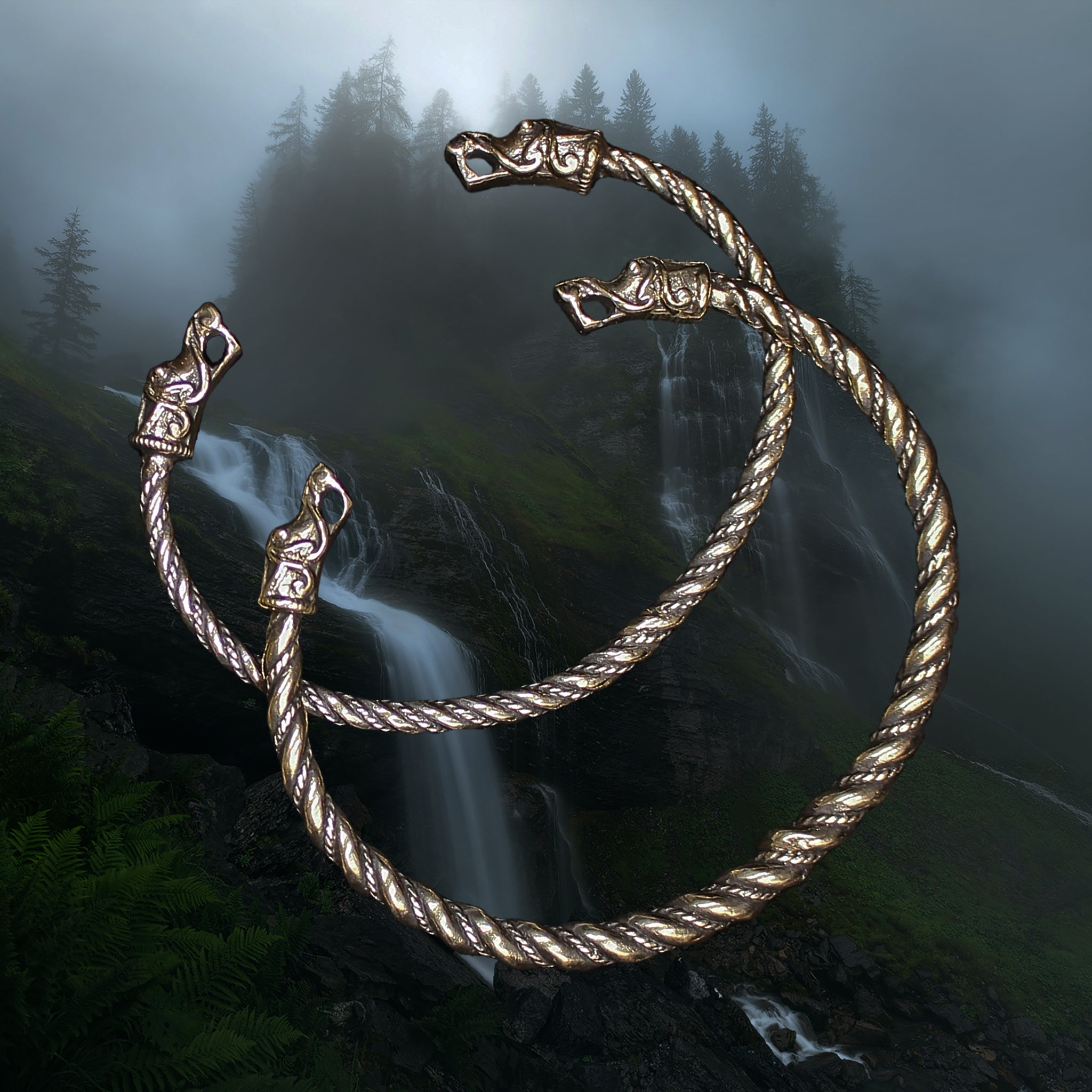 Twisted Bronze Bracelet With Gotlandic Dragon Heads - Misty Wood Background