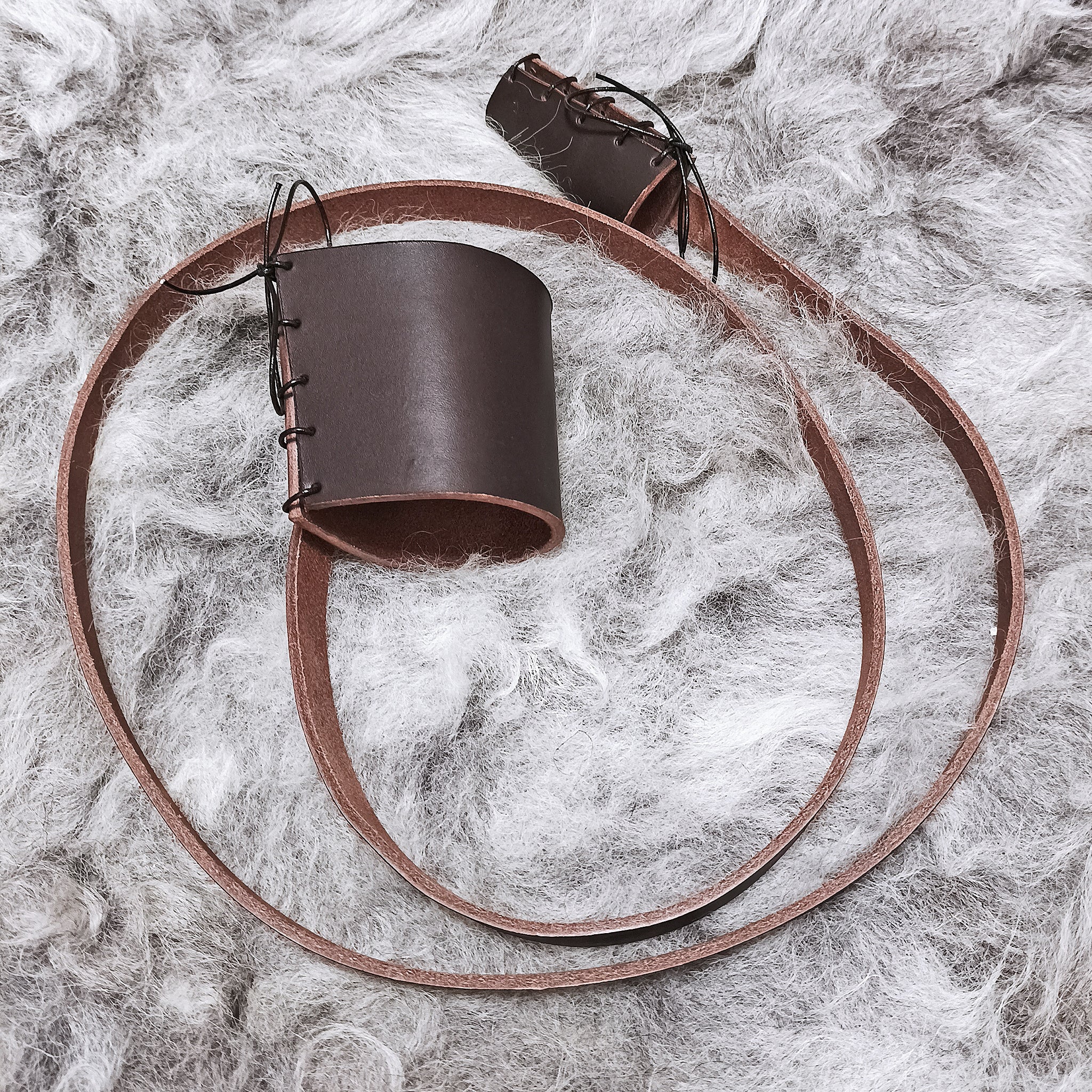 Brown Leather Shoulder Strap for Viking Drinking / Blowing Horn on Wool