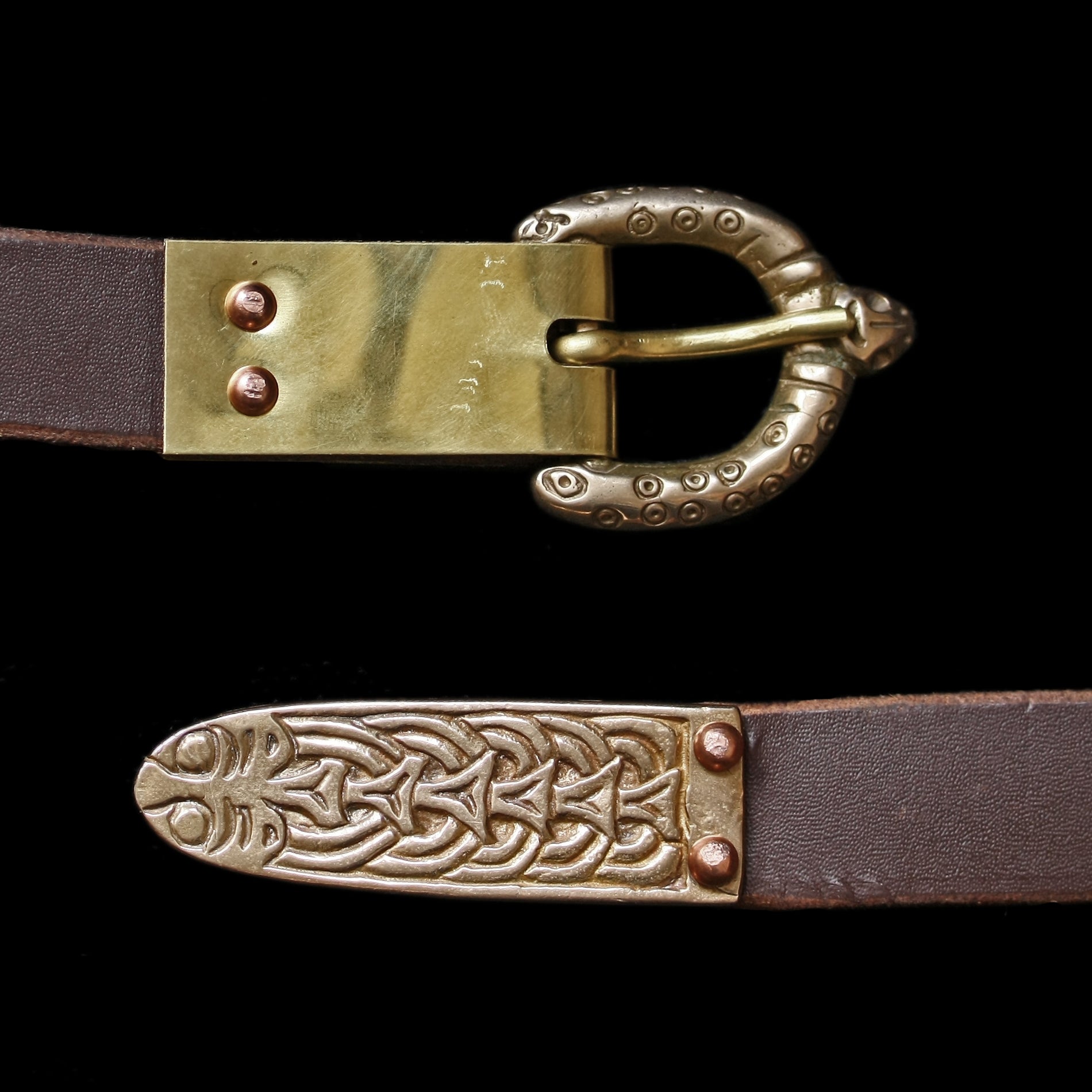 Custom Brown Leather Viking Belt - Dot & Ring Buckle - Large Borre Strap End - Plain Buckle Plate