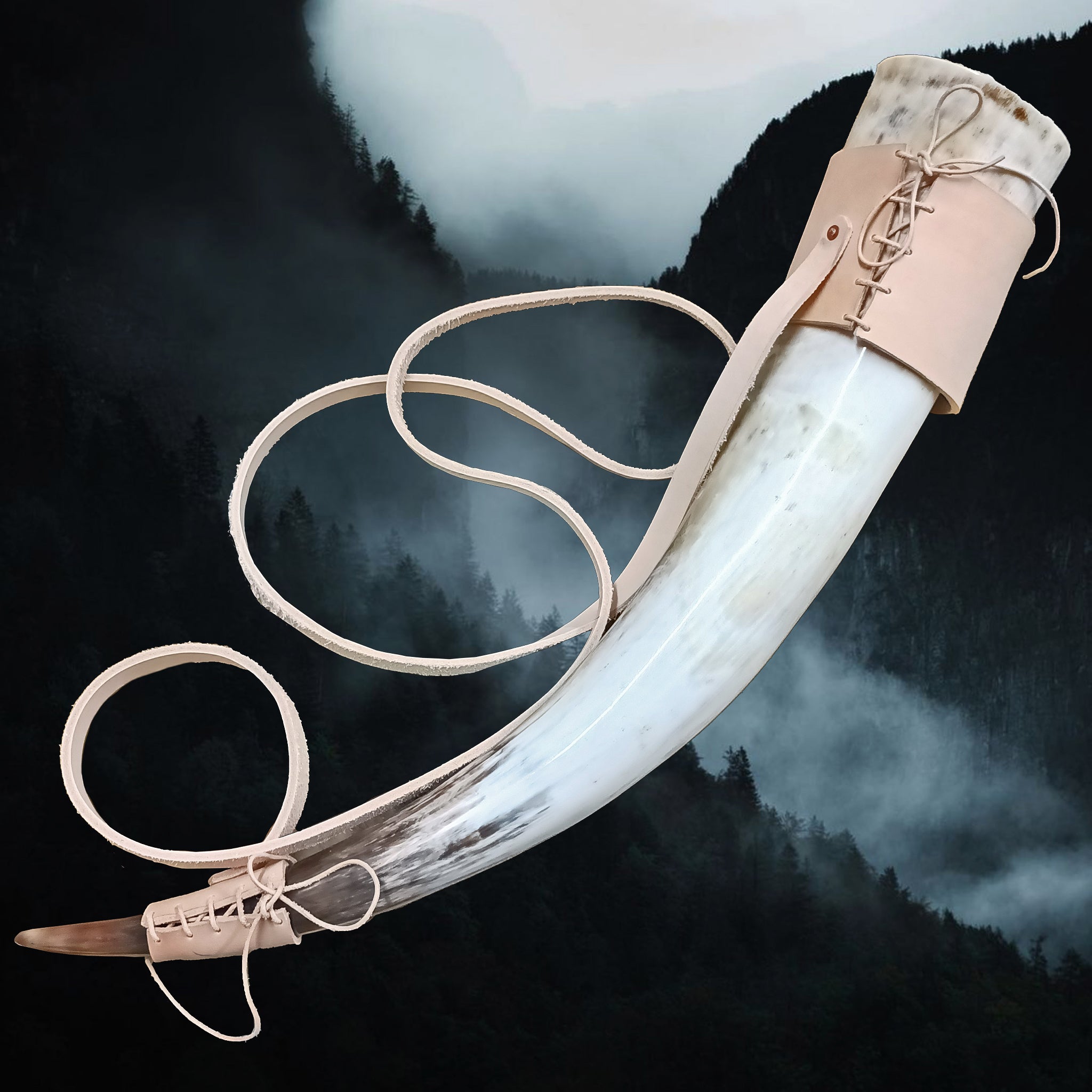 Leather Shoulder Strap for Viking Drinking Horn with Drinking Horn - Natural Veg Tan