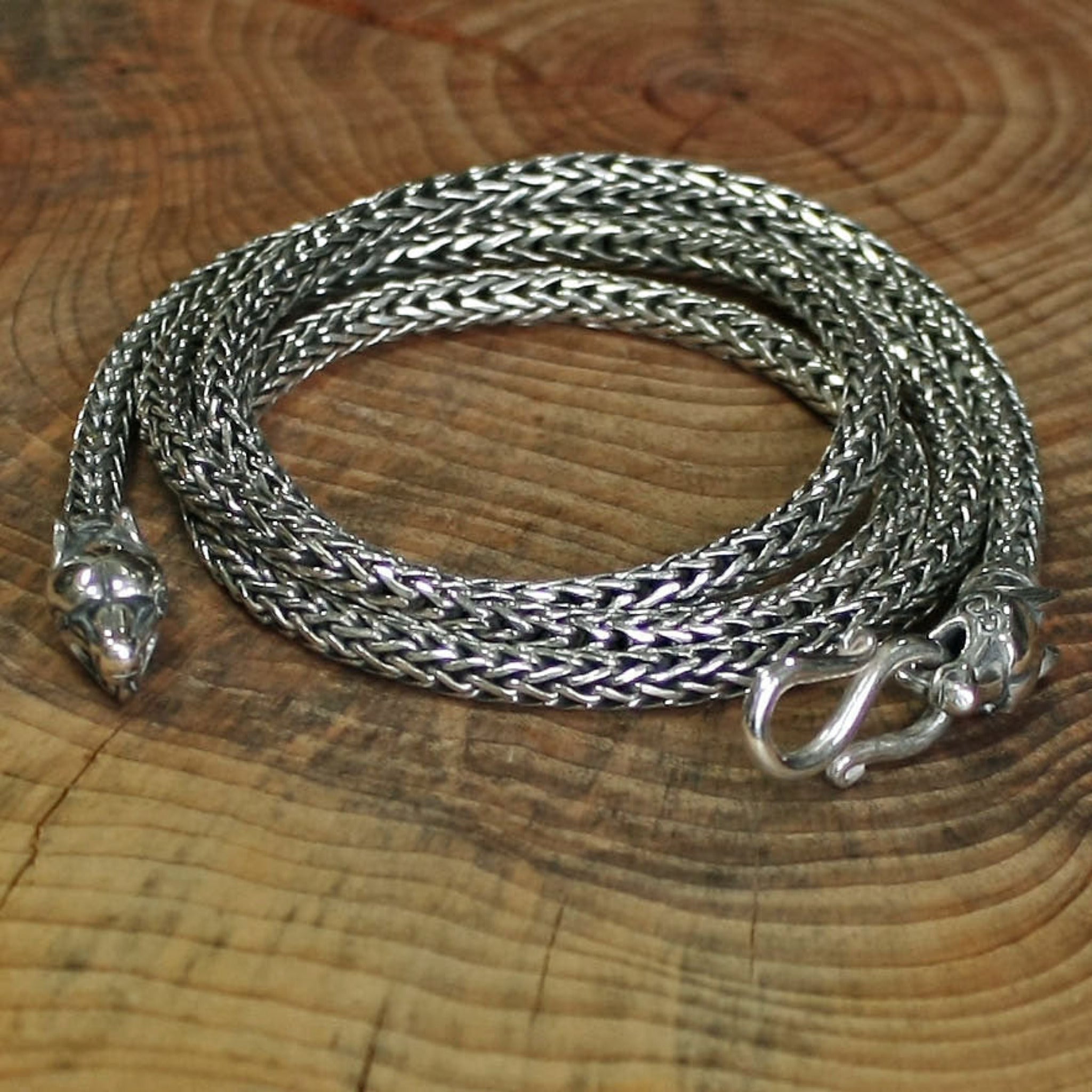 Slim Silver Snake Chain Necklace with Ferocious Wolf Heads - Viking Necklaces