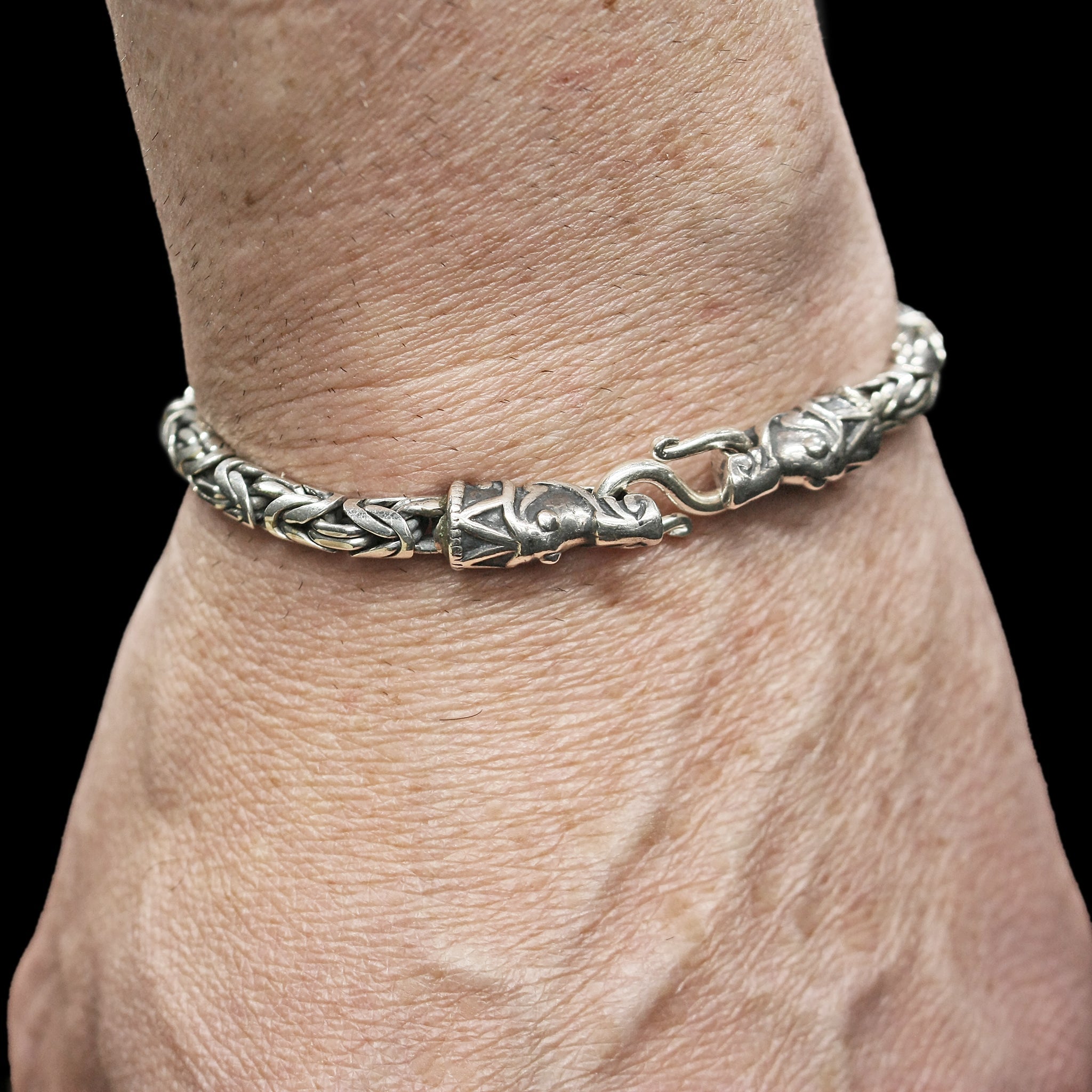 5mm Silver King Bracelet With Gotlandic Dragon Heads on Wrist