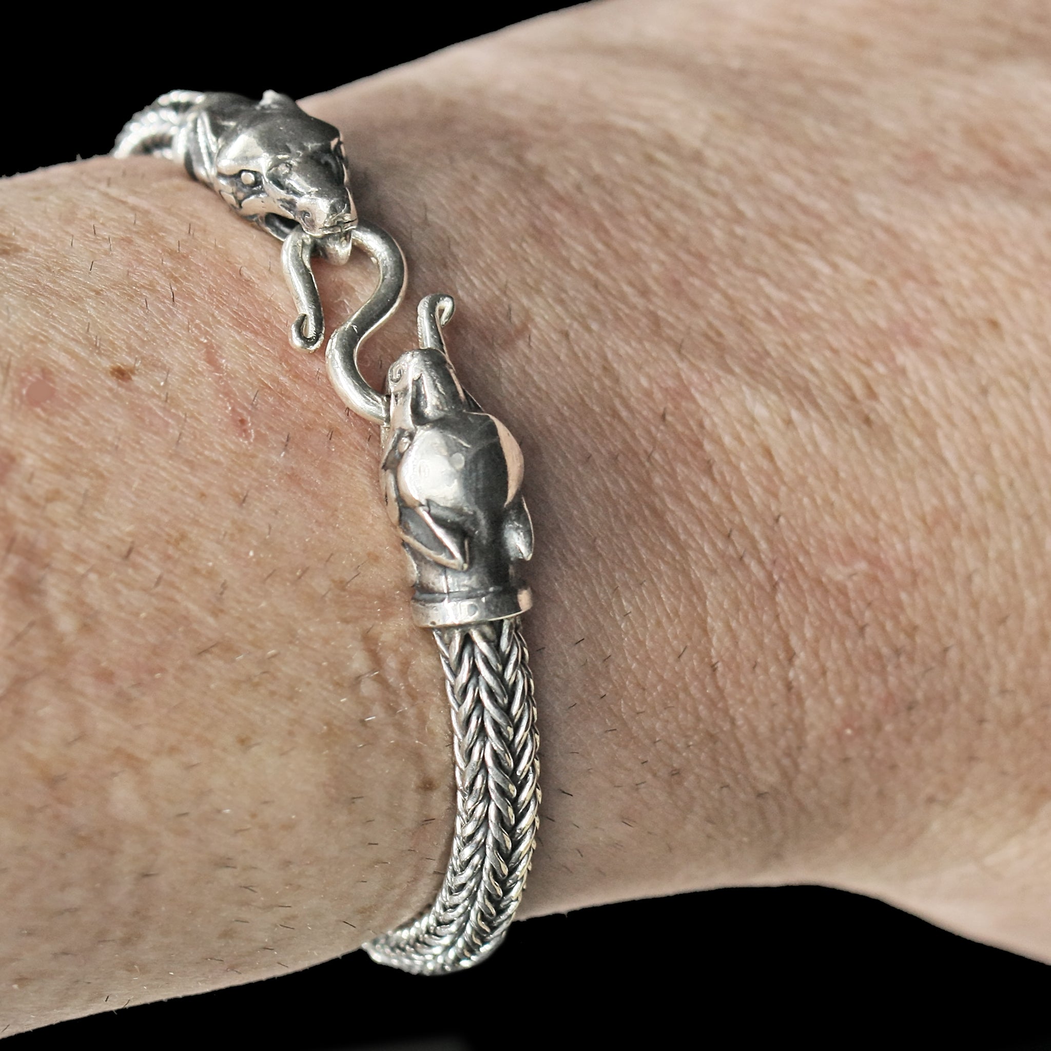 5mm Silver Snake Bracelet With Ferocious Wolf Heads On Wrist