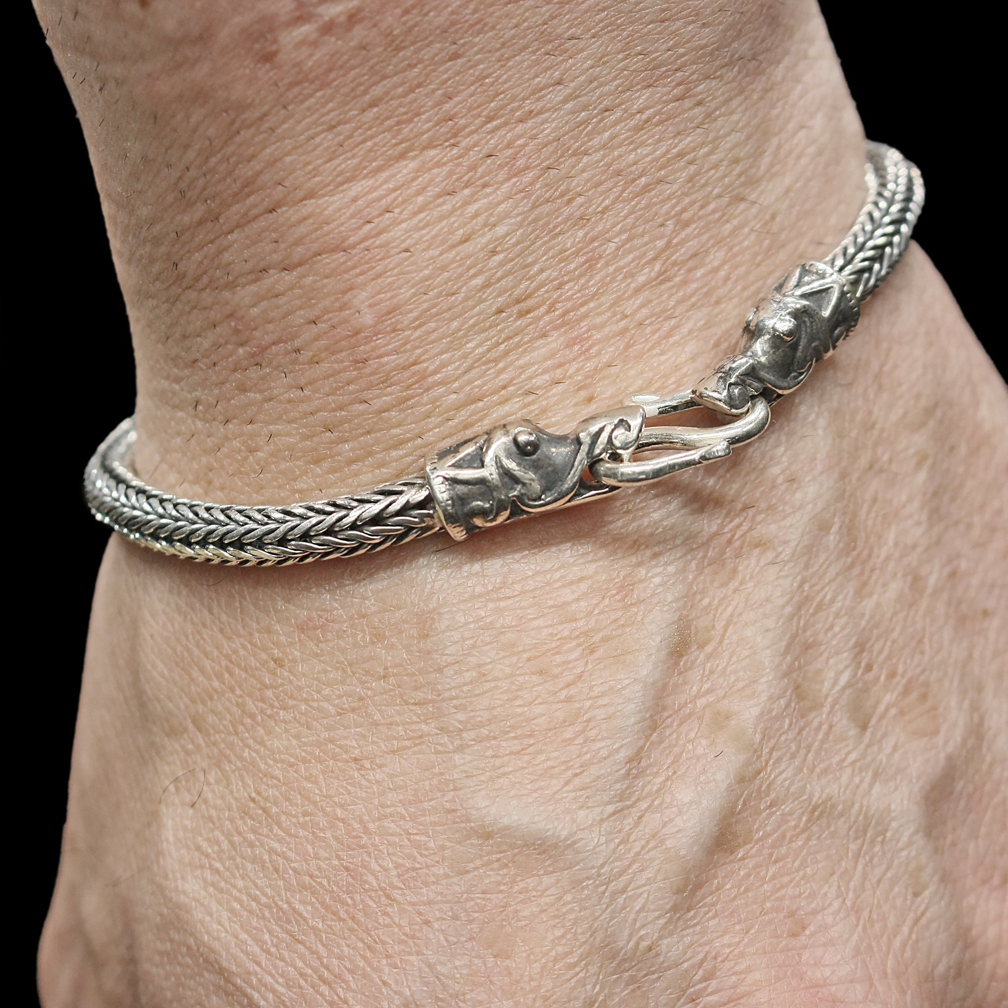 5mm Silver Snake Bracelet With Gotlandic Dragon Heads On Wrist
