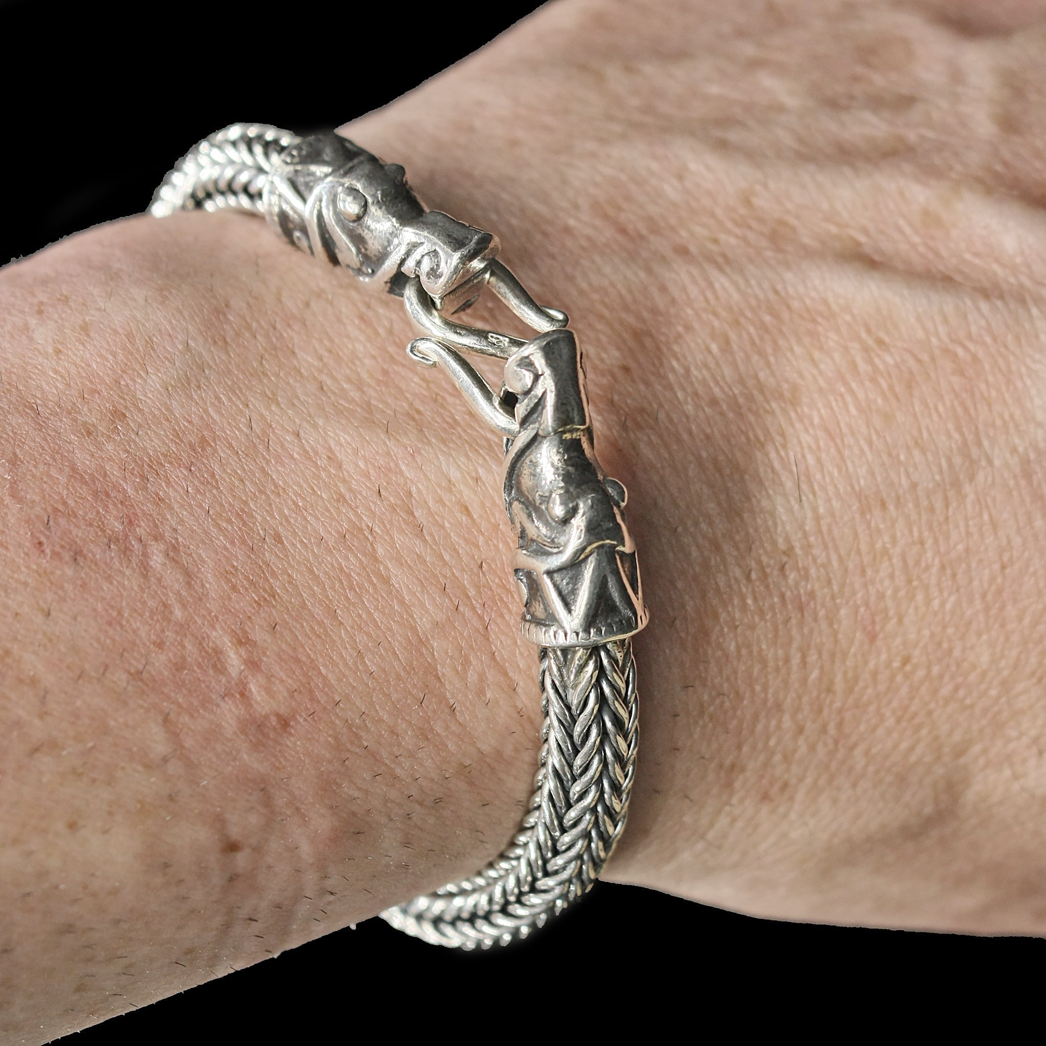 8mm Silver Snake Bracelet With Gotlandic Dragon Heads ON Wrist
