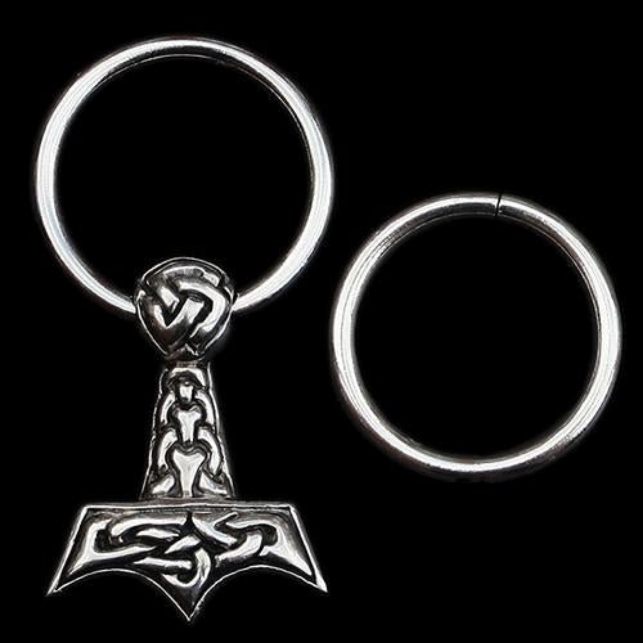 Large Silver Split Ring with Silver Knotwork Thor's Hammer Pendant