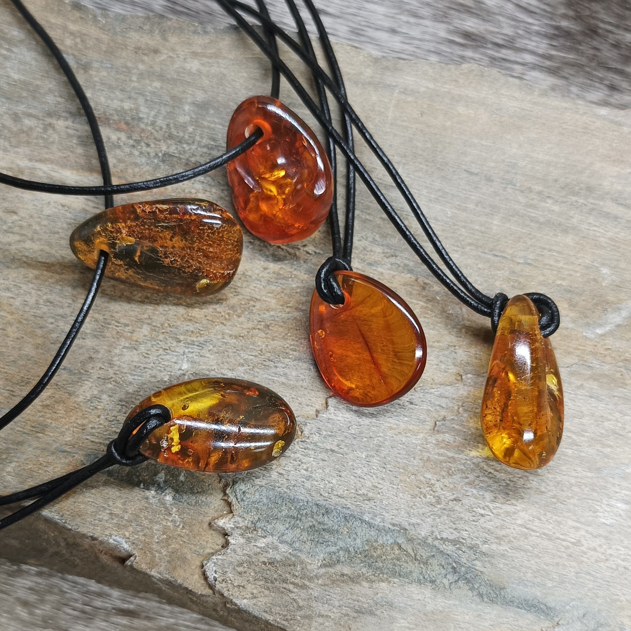 Amber Amulet Pendants on Rock with Leather Thongs