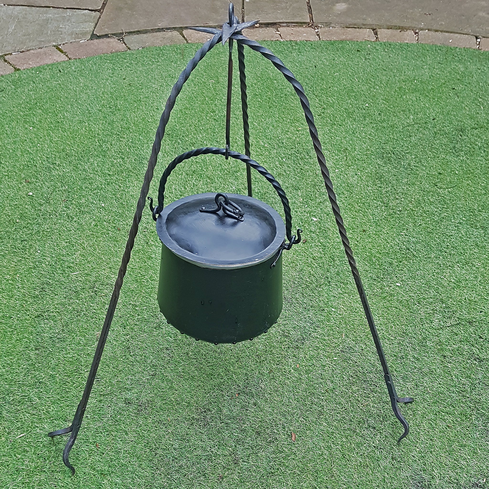 Hand-Forged Iron Cauldron Stand with Cauldron Outside