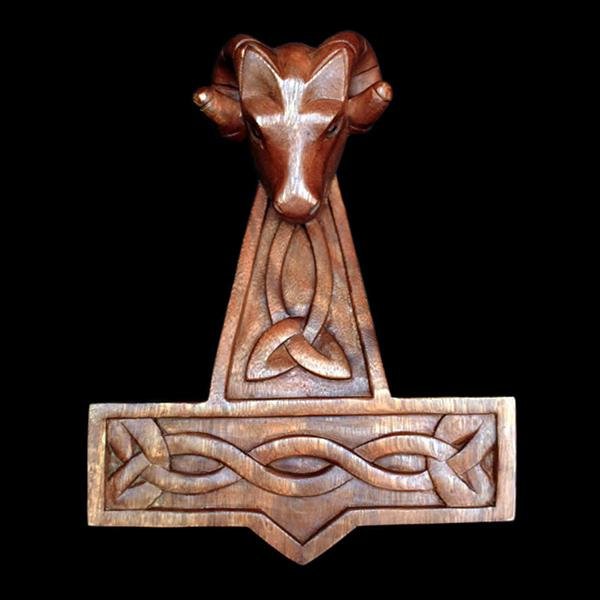 Wooden Thors Hammer Wall Hanger With Rams Head - Wall Hangings