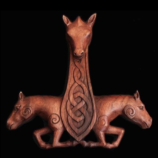 Wooden Thors Hammer Wall Hanger With Horses - Wall Hangings