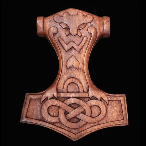 Wooden Thors Hammer Wall Hanger With Pagan Head - Wall Hangings