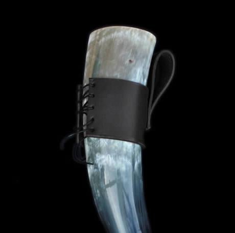 Small Polished Drinking Horn - With Plain Black Leather Belt Holder - Viking Drinking Horns