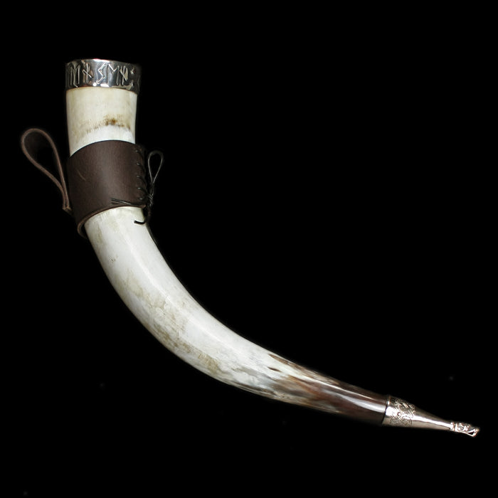 Large Custom Viking Drinking Horn with Runic Rim & Leather Belt Hanger - Viking Feasting Supplies